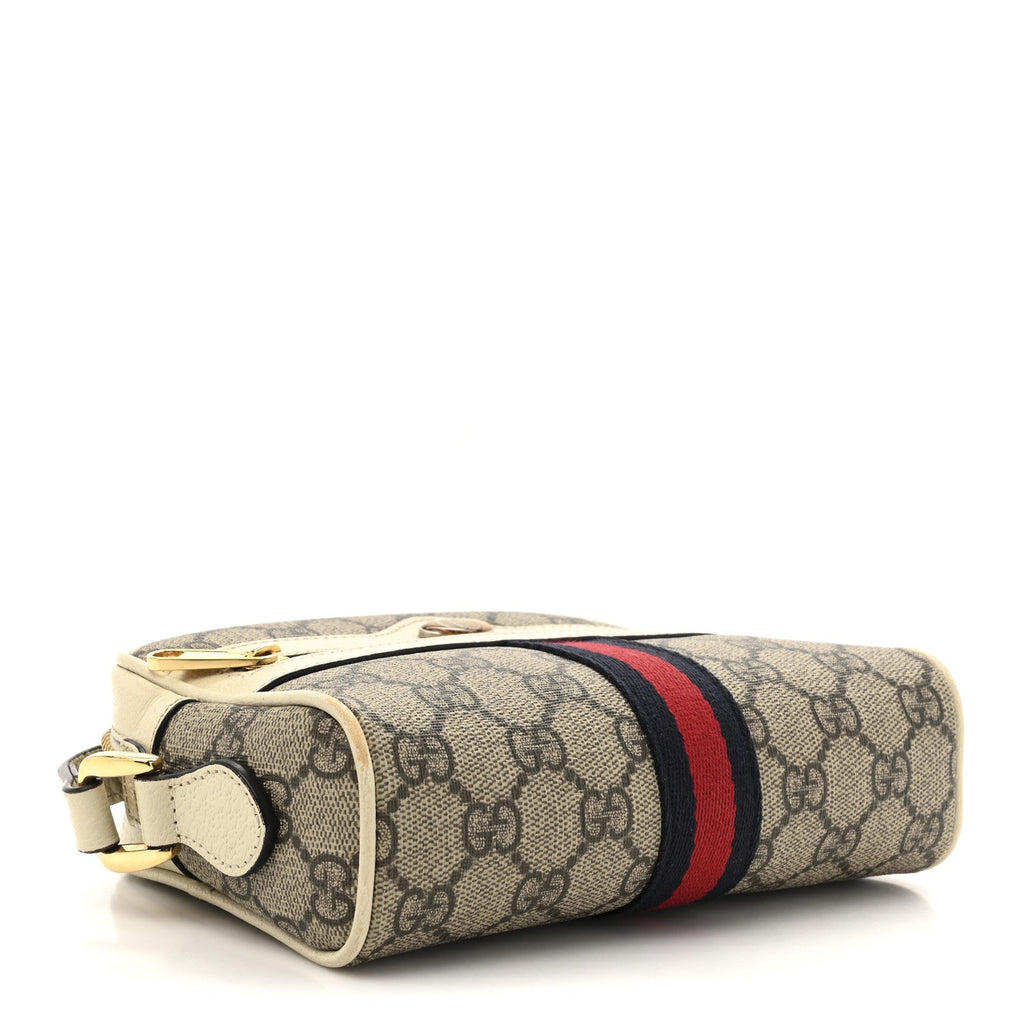 GG Supreme Monogram Textured Calfskin Web Mini Ophidia Shoulder Bag Beige Ebony Mystic White