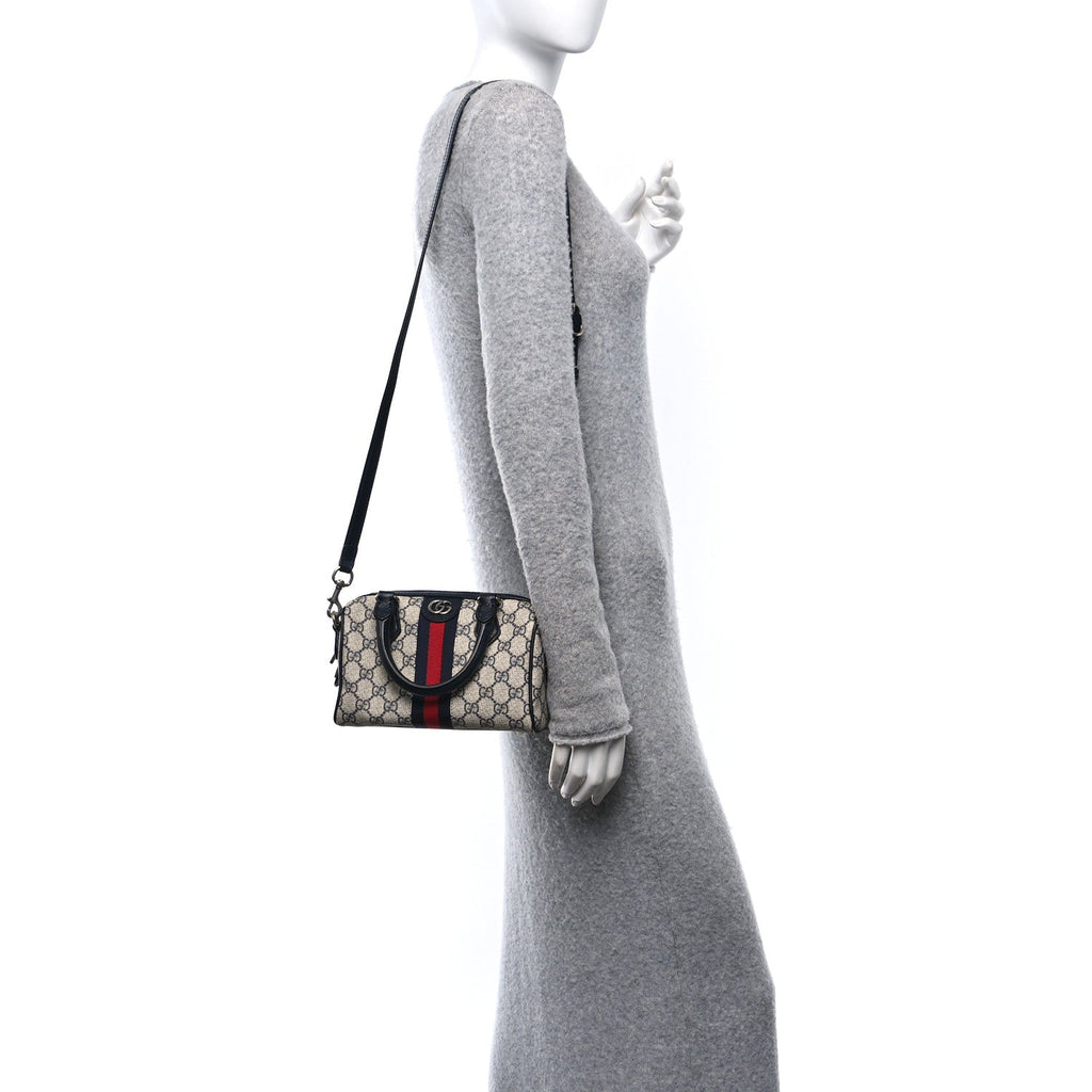 GG Supreme Monogram Textured Dollar Calfskin Web Mini Ophidia Top Handle Bag Beige Blue