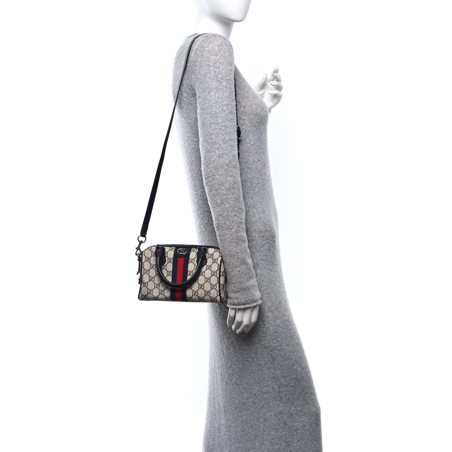 GG Supreme Monogram Textured Dollar Calfskin Web Mini Ophidia Top Handle Bag Beige Blue