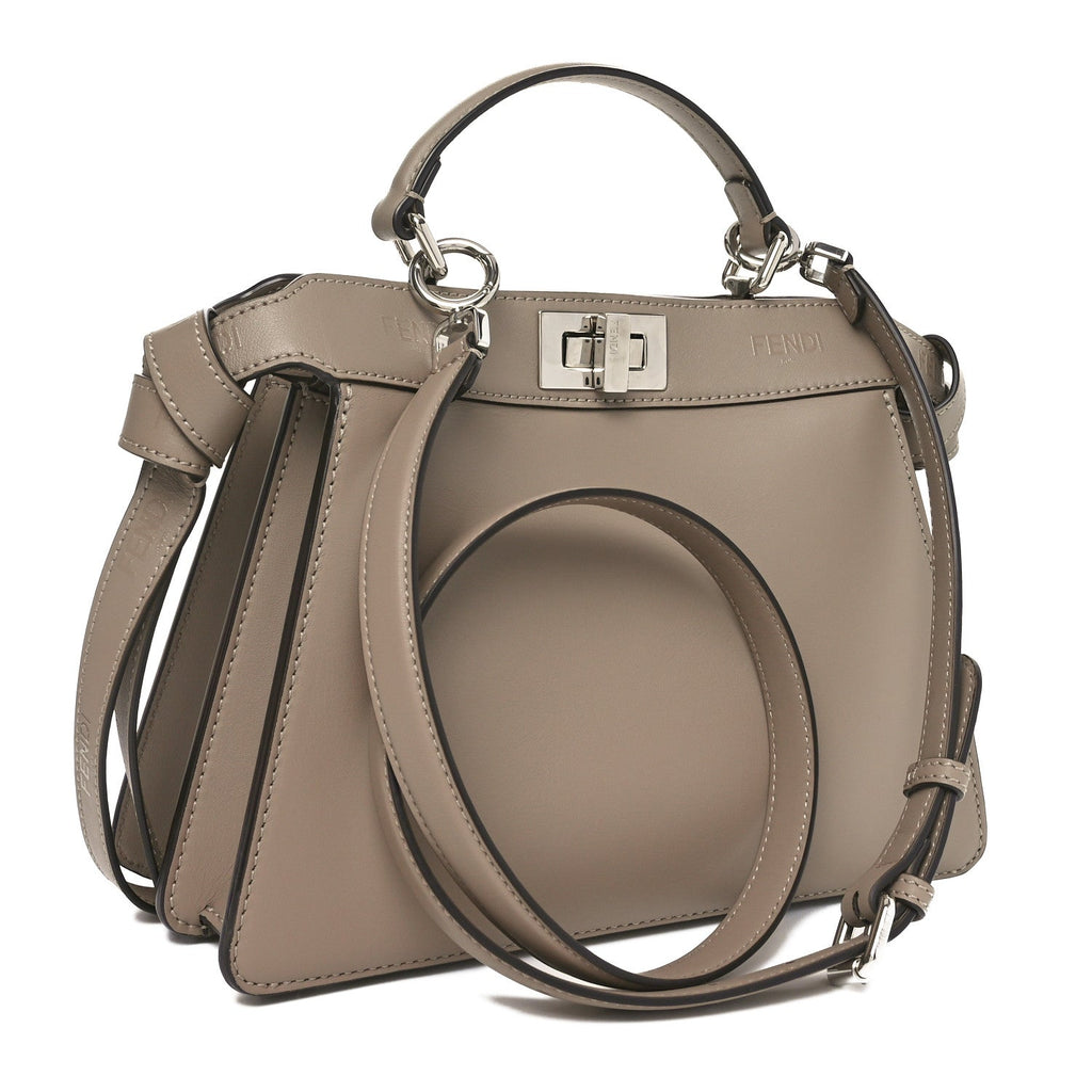 Vitello Seta Shiny Nappa Logo Embossed Laces Small Peekaboo I SEE U Satchel Tortora