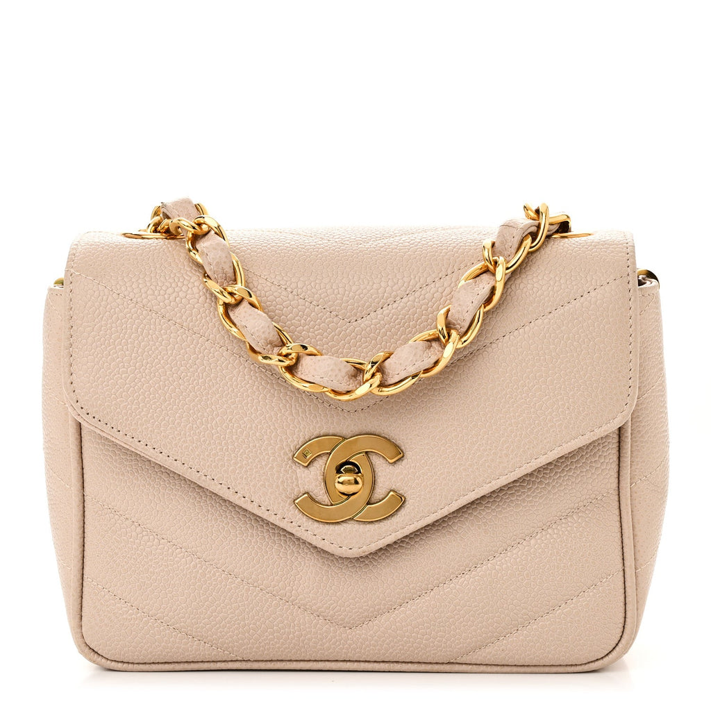 Caviar Chevron Quilted Mini Square Flap Light Beige