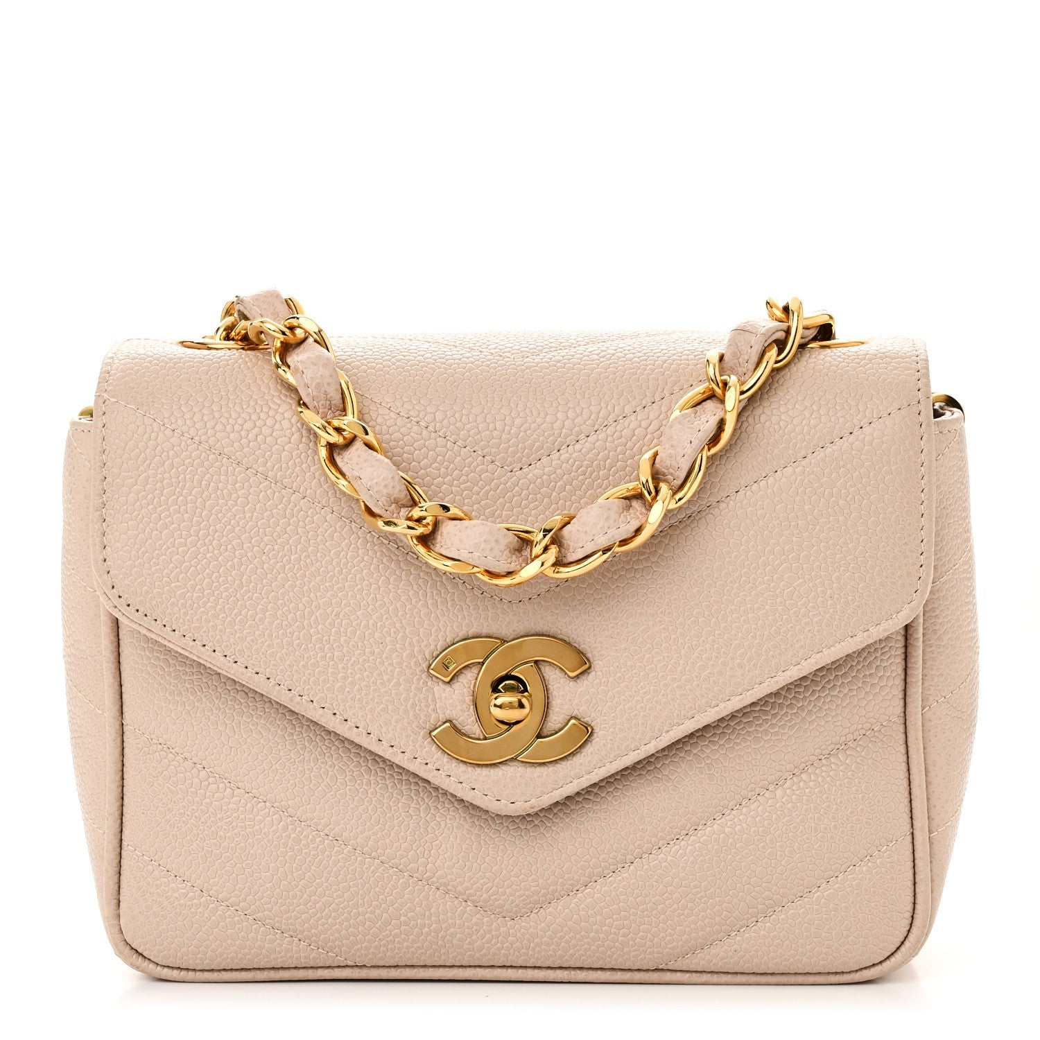 Caviar Chevron Quilted Mini Square Flap Light Beige