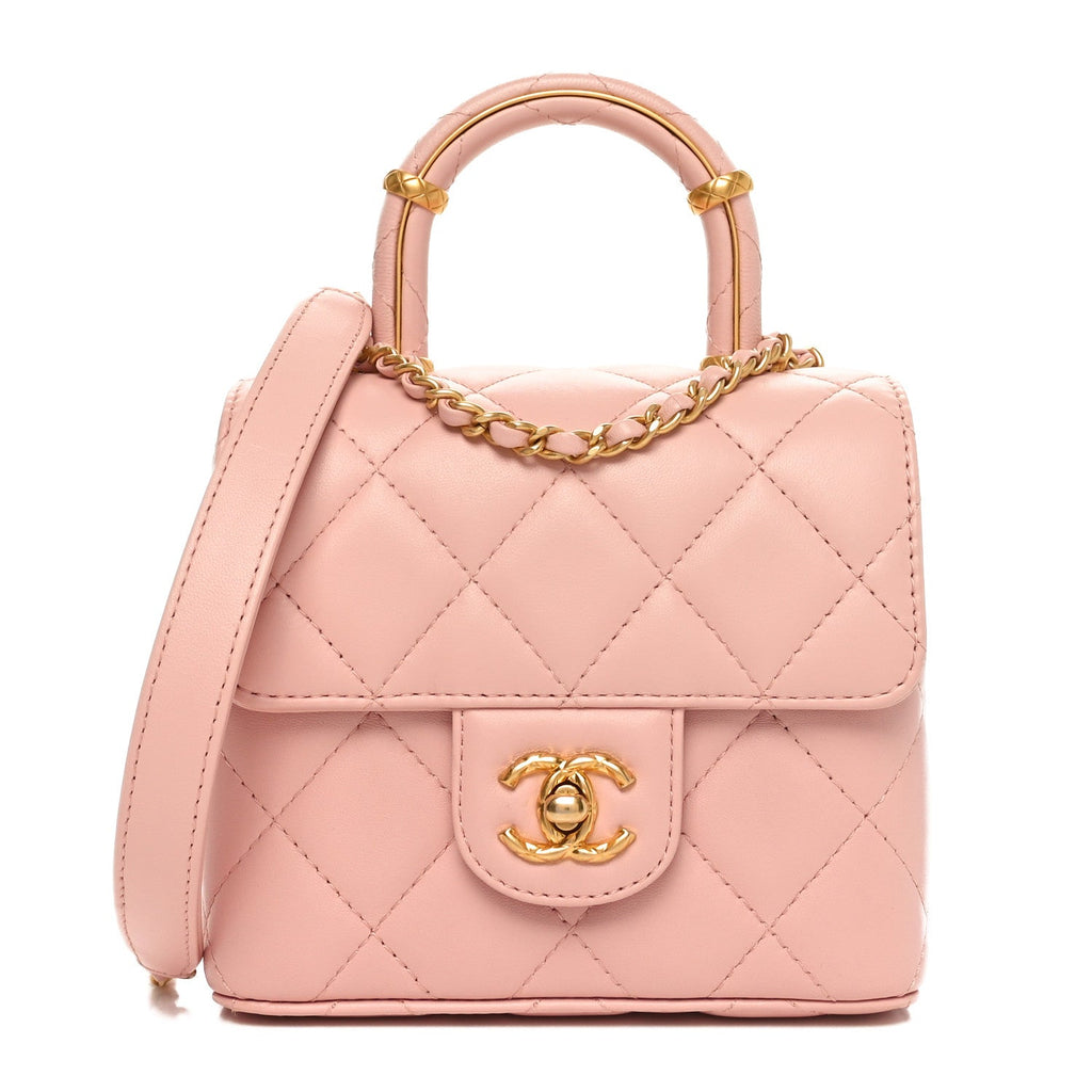 Lambskin Handle Crush Top Handle Flap Bag Pink