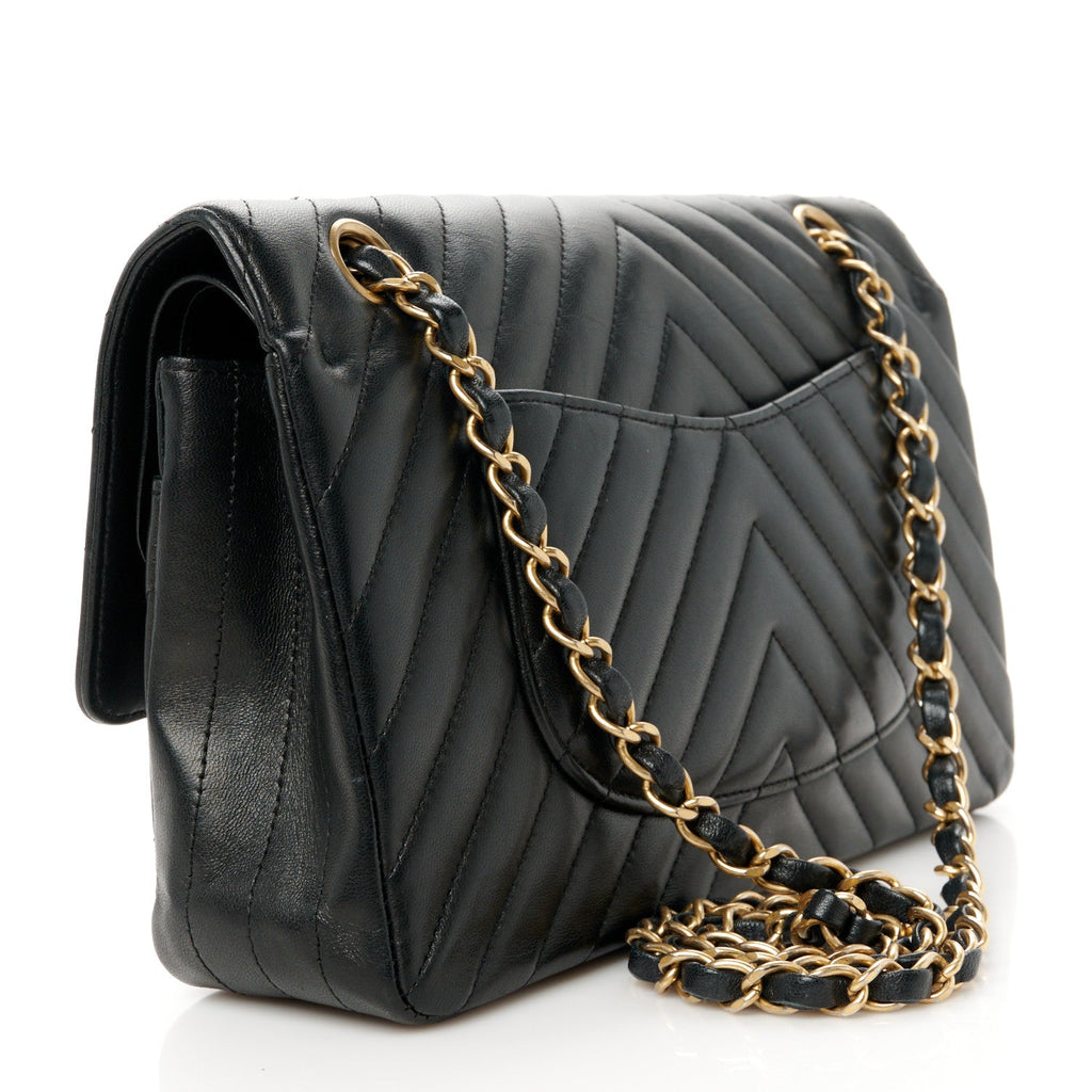Lambskin Chevron Quilted Medium Double Flap Black