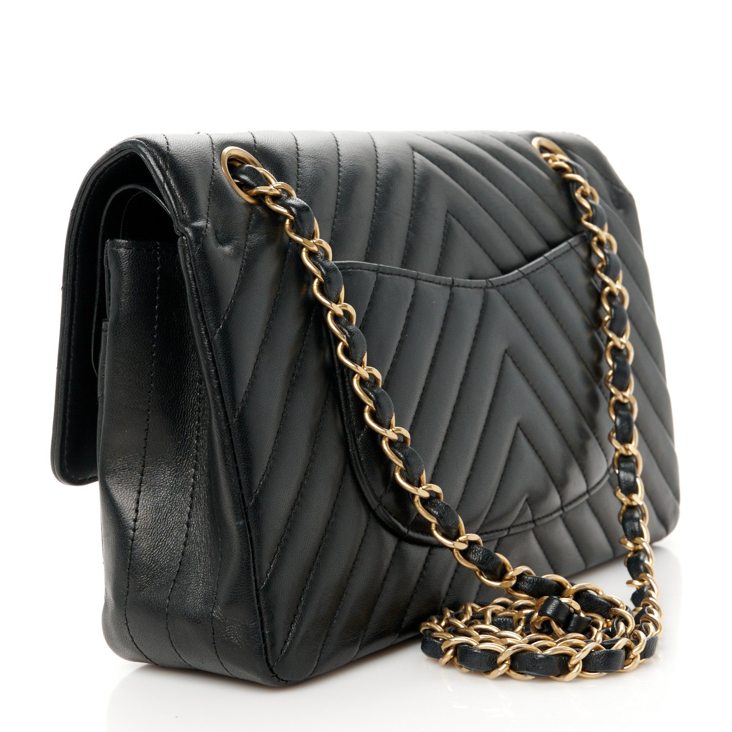 Lambskin Chevron Quilted Medium Double Flap Black