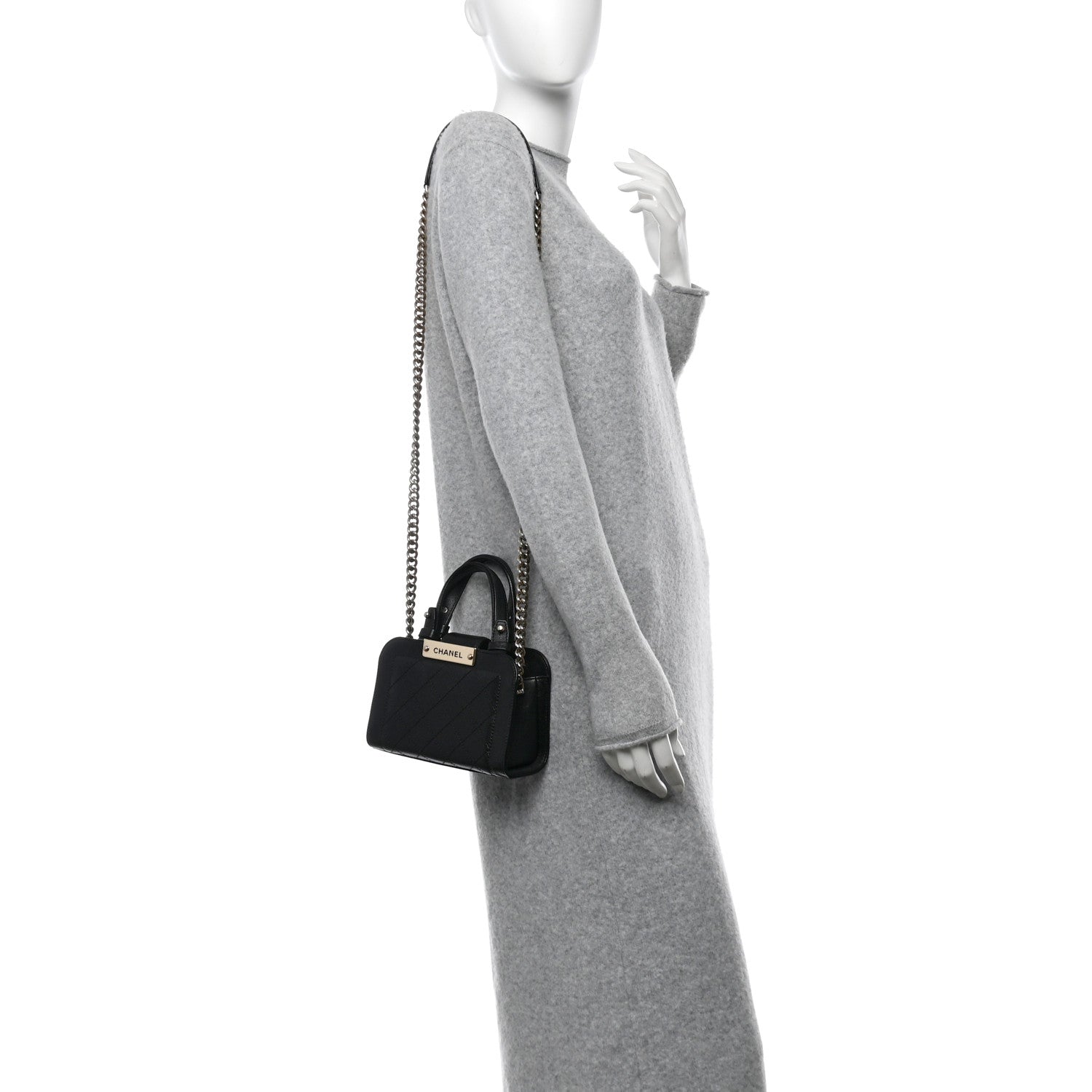 Grained Calfskin Stitched Mini Label  Shopper Black