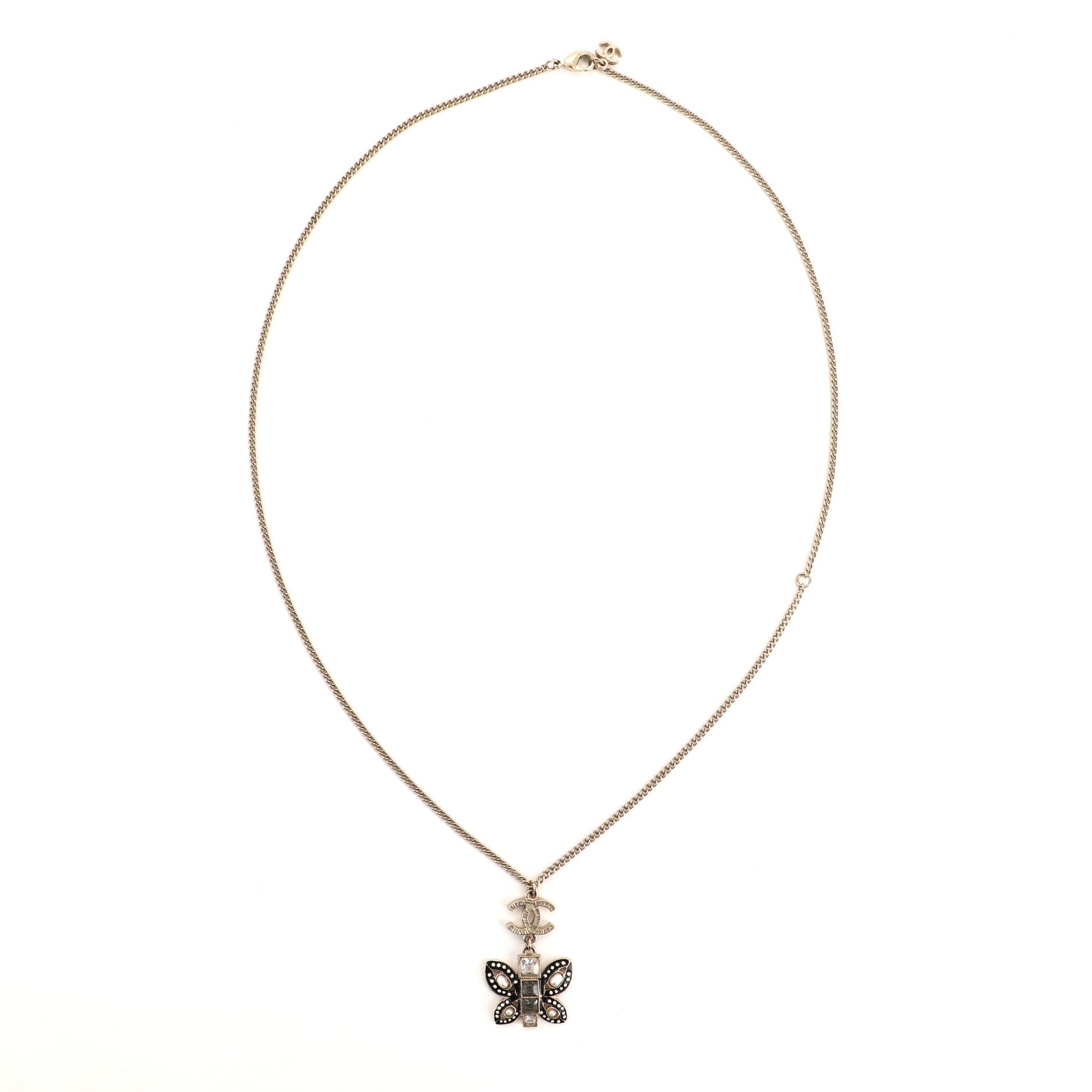 CC Butterfly Pendant Necklace Metal with Pearls, Crystals and Enamel