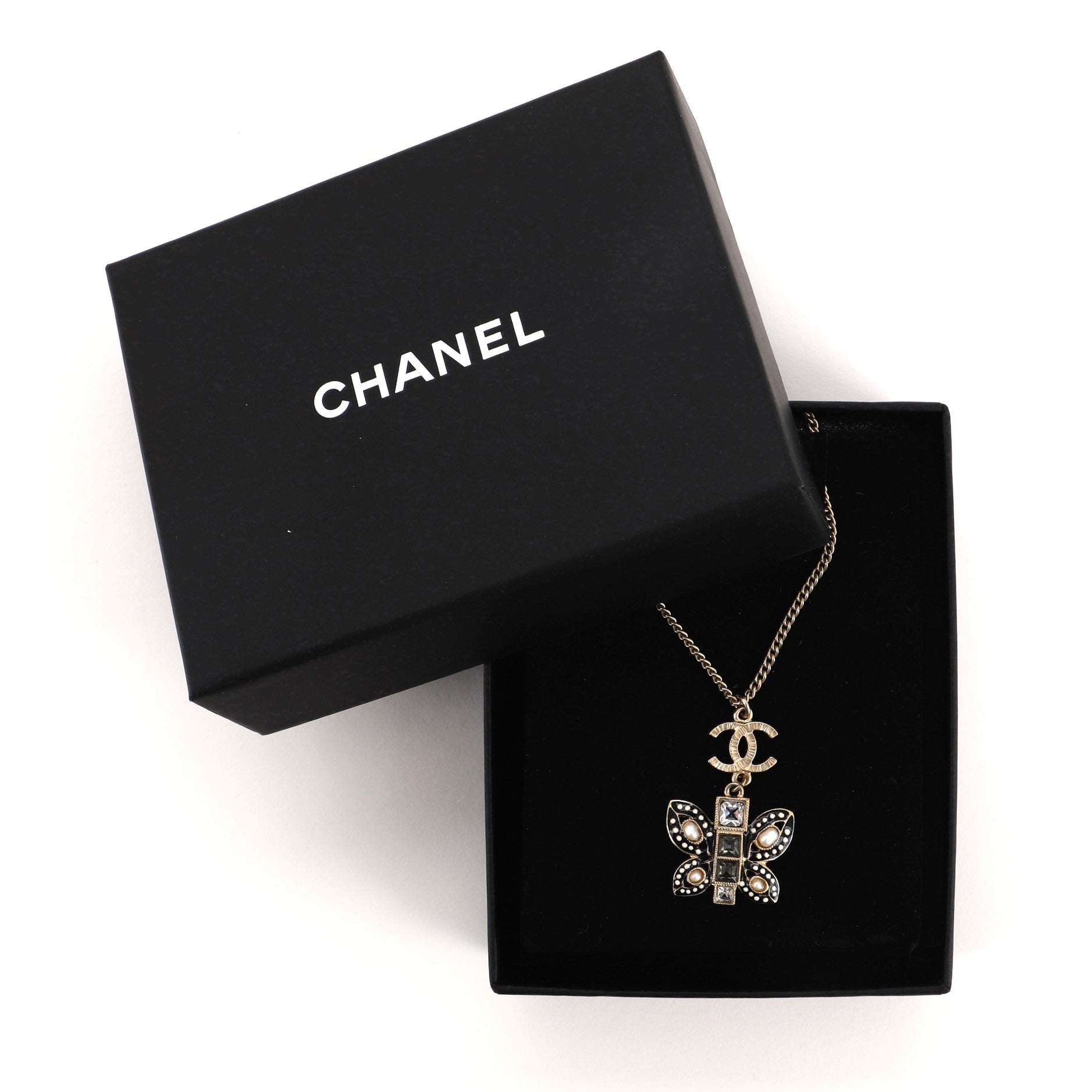 CC Butterfly Pendant Necklace Metal with Pearls, Crystals and Enamel