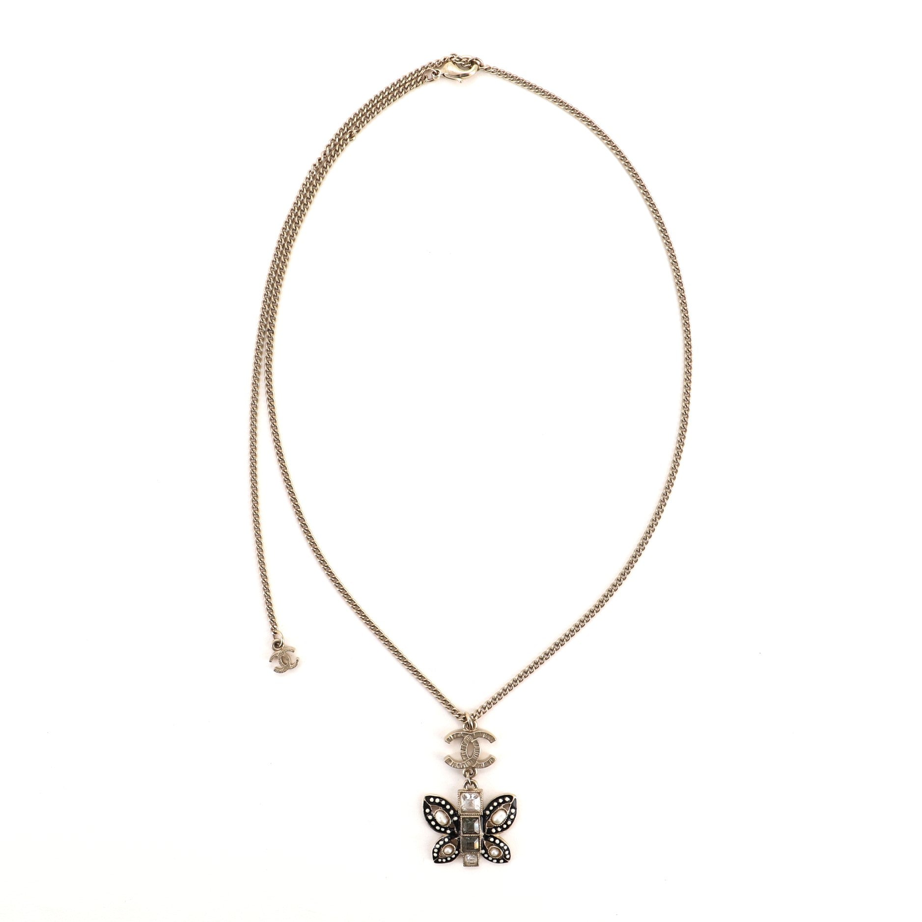 CC Butterfly Pendant Necklace Metal with Pearls, Crystals and Enamel