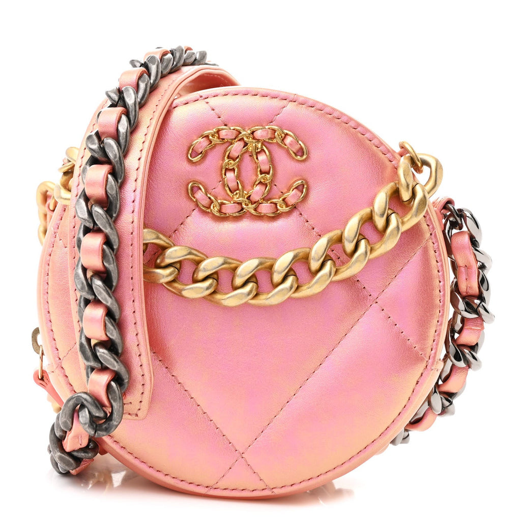 Iridescent Calfskin Quilted Chanel 19 Round Clutch With Chain Pink