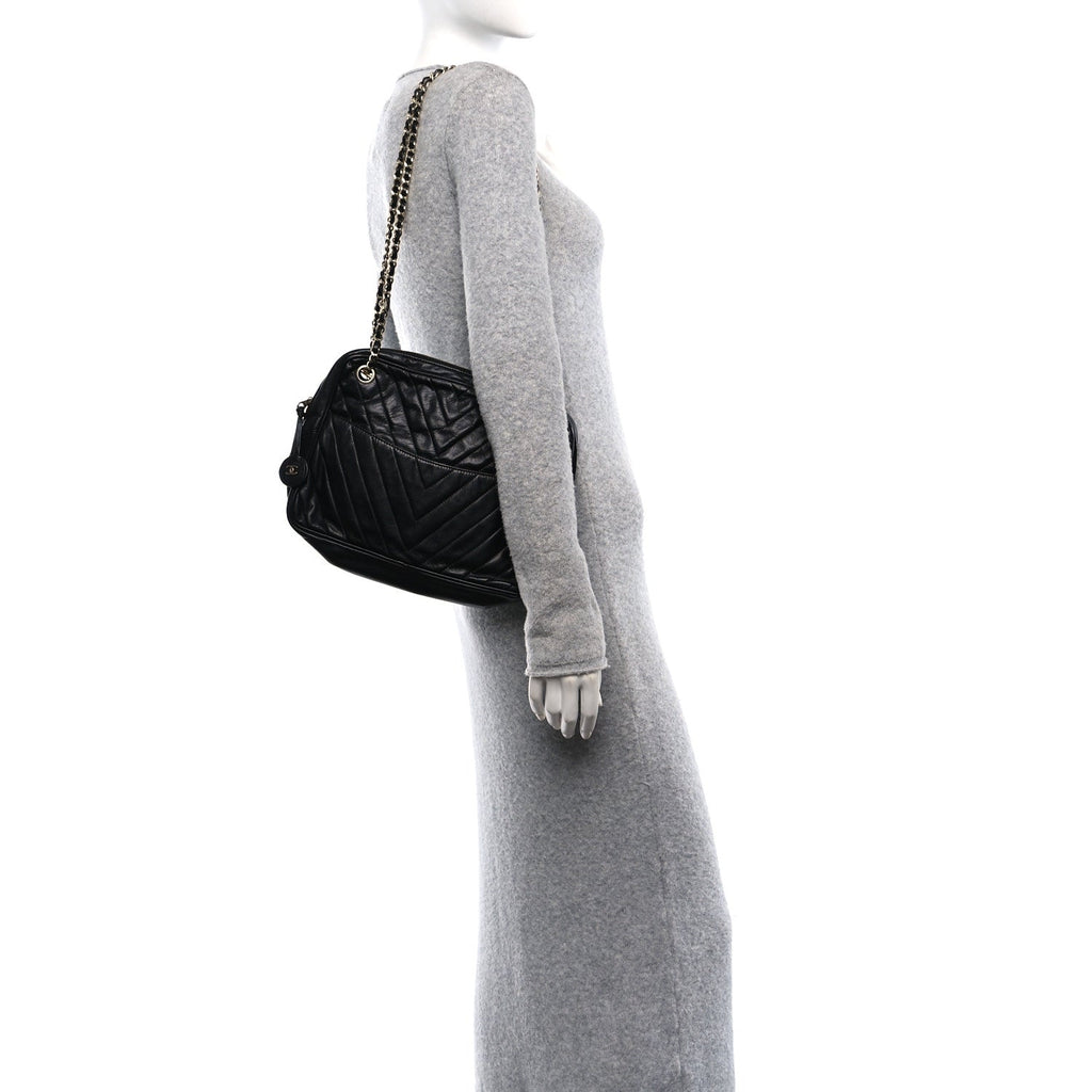 Lambskin Surpique Chevron Small Tote Black