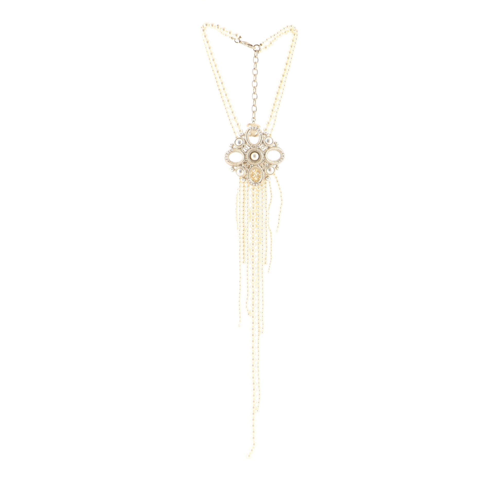 Medallion Double-Strand Fringe Necklace Metal and Faux Pearls