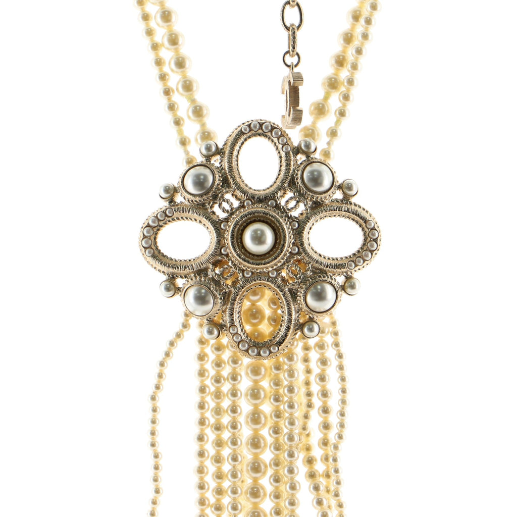 Medallion Double-Strand Fringe Necklace Metal and Faux Pearls