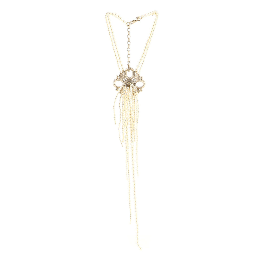 Medallion Double-Strand Fringe Necklace Metal and Faux Pearls