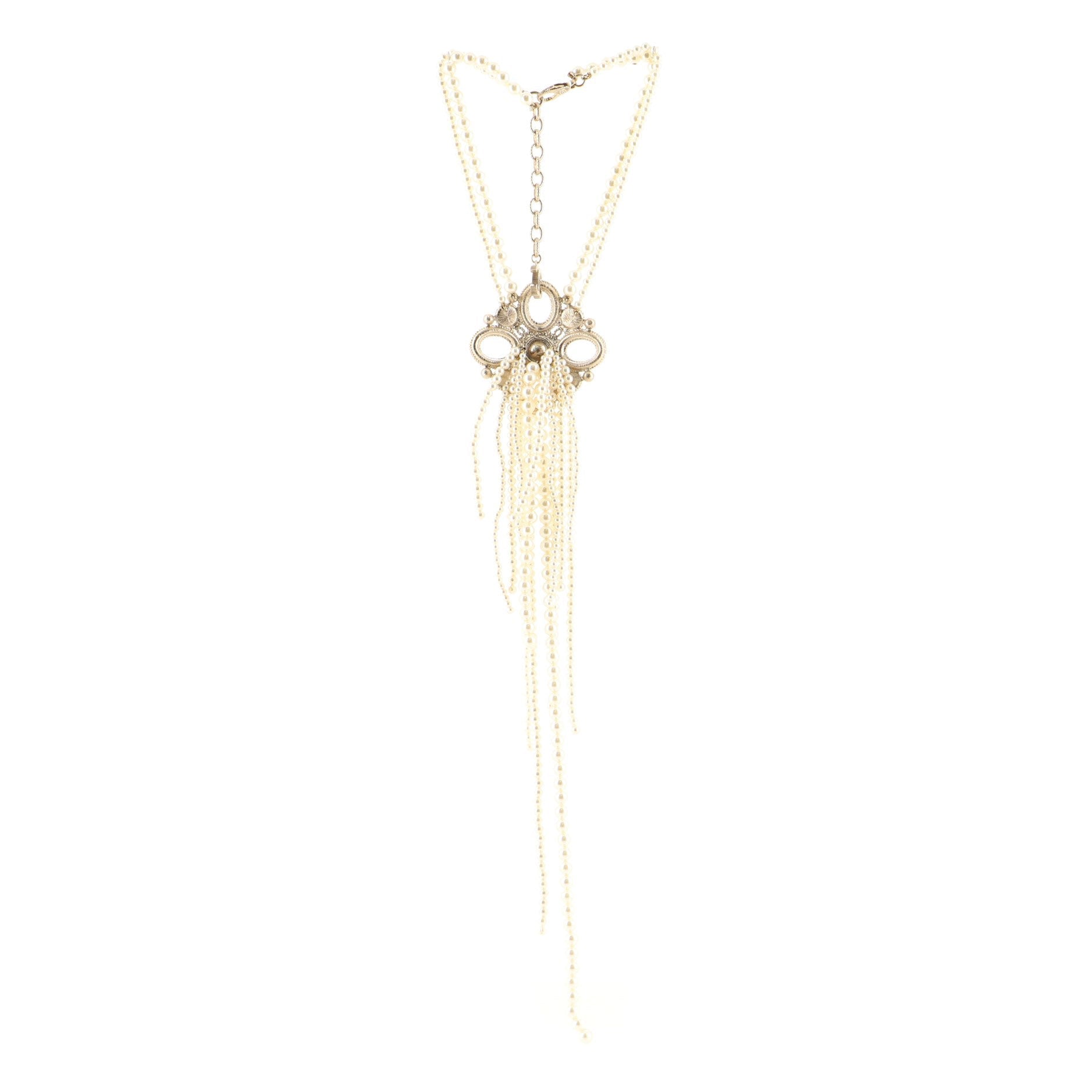 Medallion Double-Strand Fringe Necklace Metal and Faux Pearls