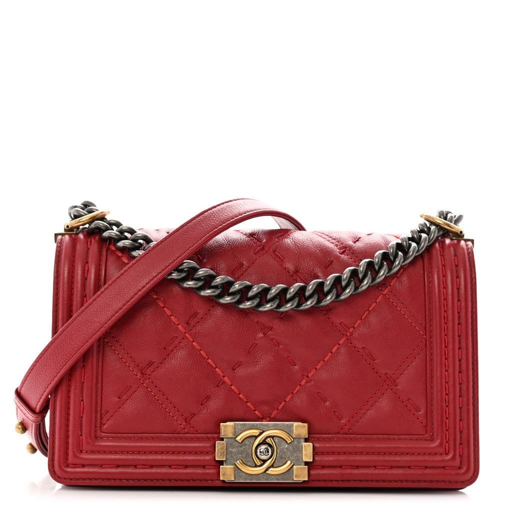 Calfskin Quilted Double Stitch Medium Boy Flap Red