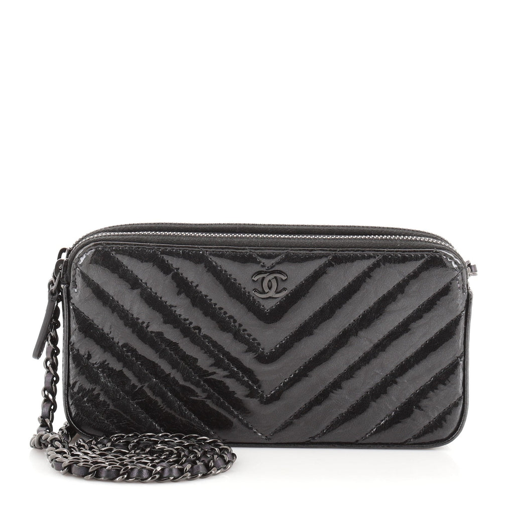 So Black Double Zip Clutch with Chain Chevron Crumpled Metallic Calfskin