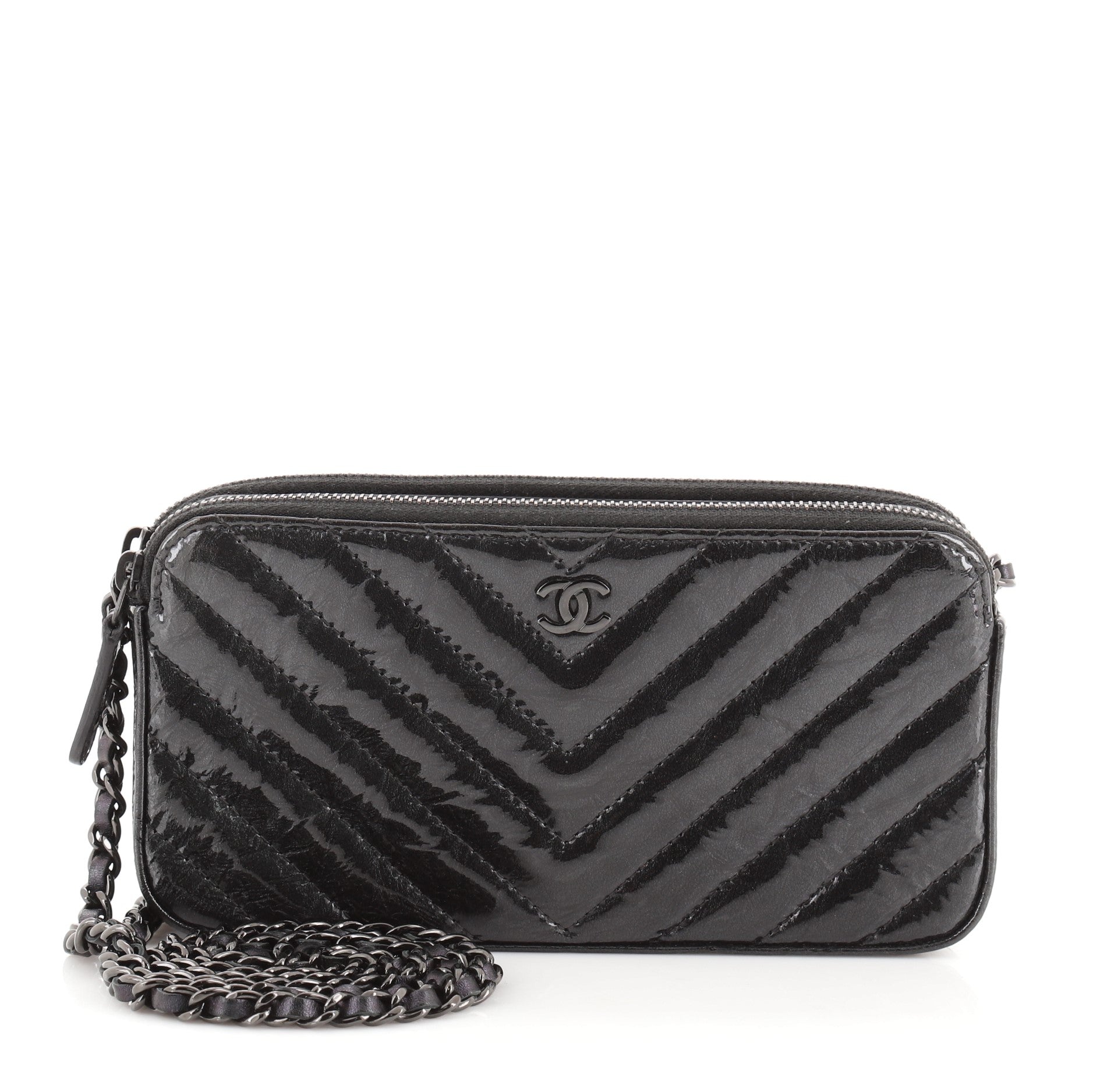 So Black Double Zip Clutch with Chain Chevron Crumpled Metallic Calfskin