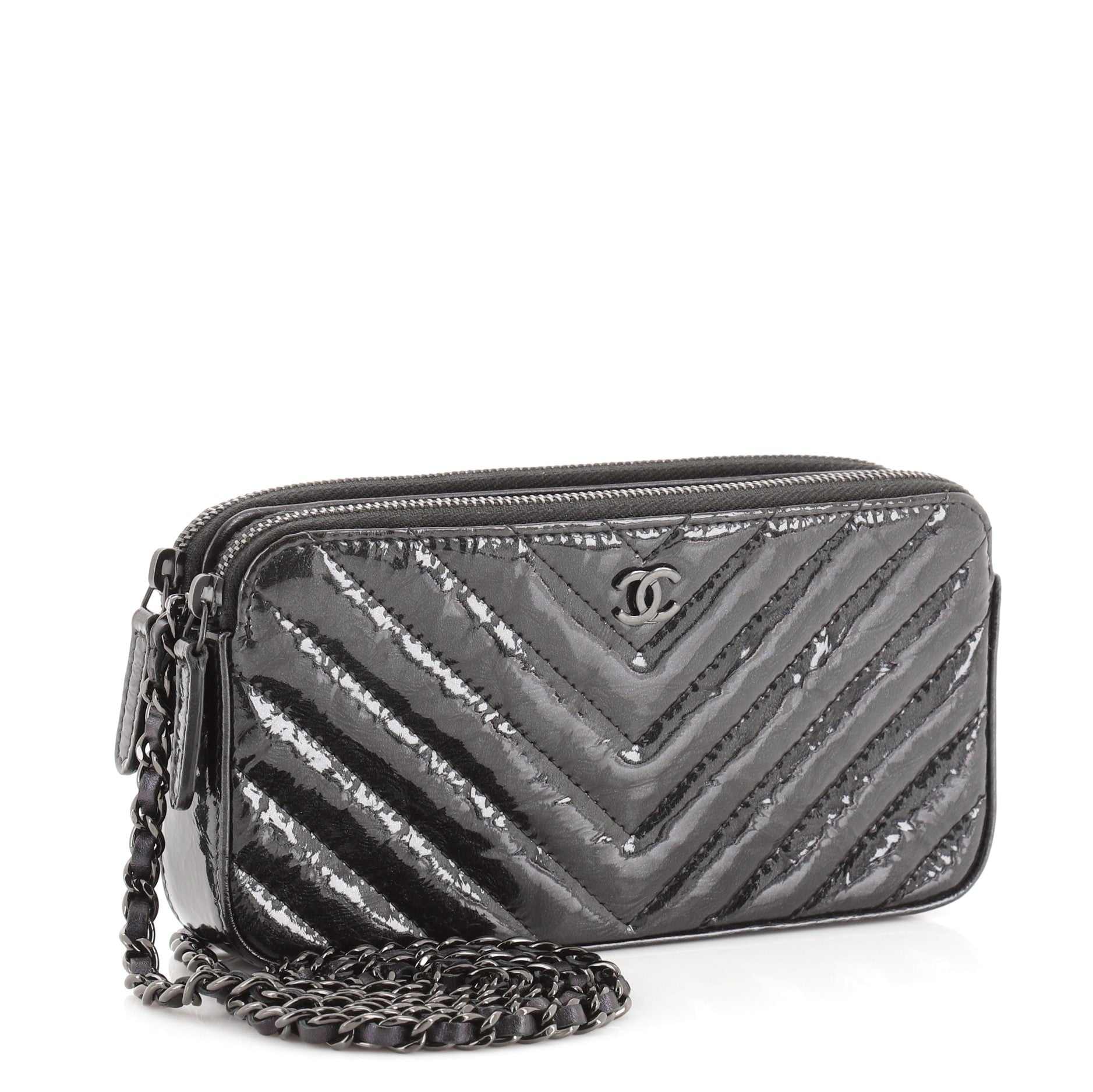 So Black Double Zip Clutch with Chain Chevron Crumpled Metallic Calfskin