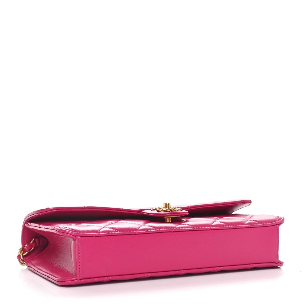 Shiny Lambskin Quilted Flap Clutch Bag Dark Pink