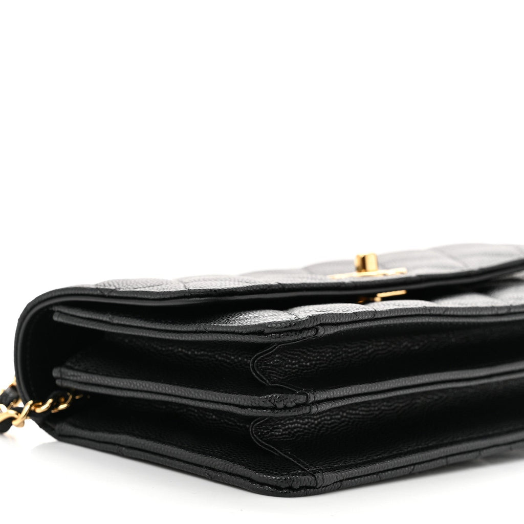 Shiny Caviar Quilted Flap Charm Wallet On Chain WOC Black