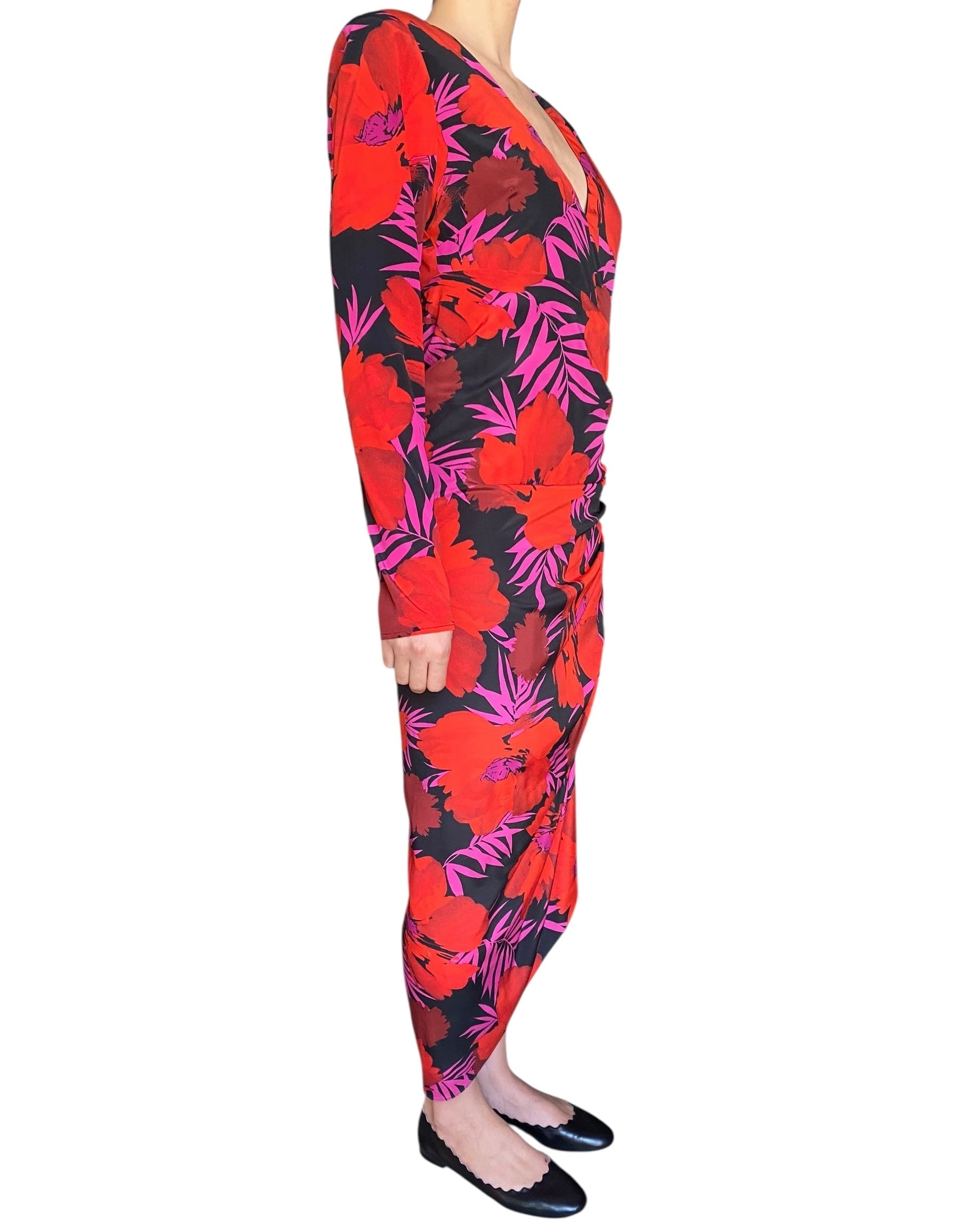 Veronica Beard Red Silk Floral Printed Longsleeve Maxi Dress - 10