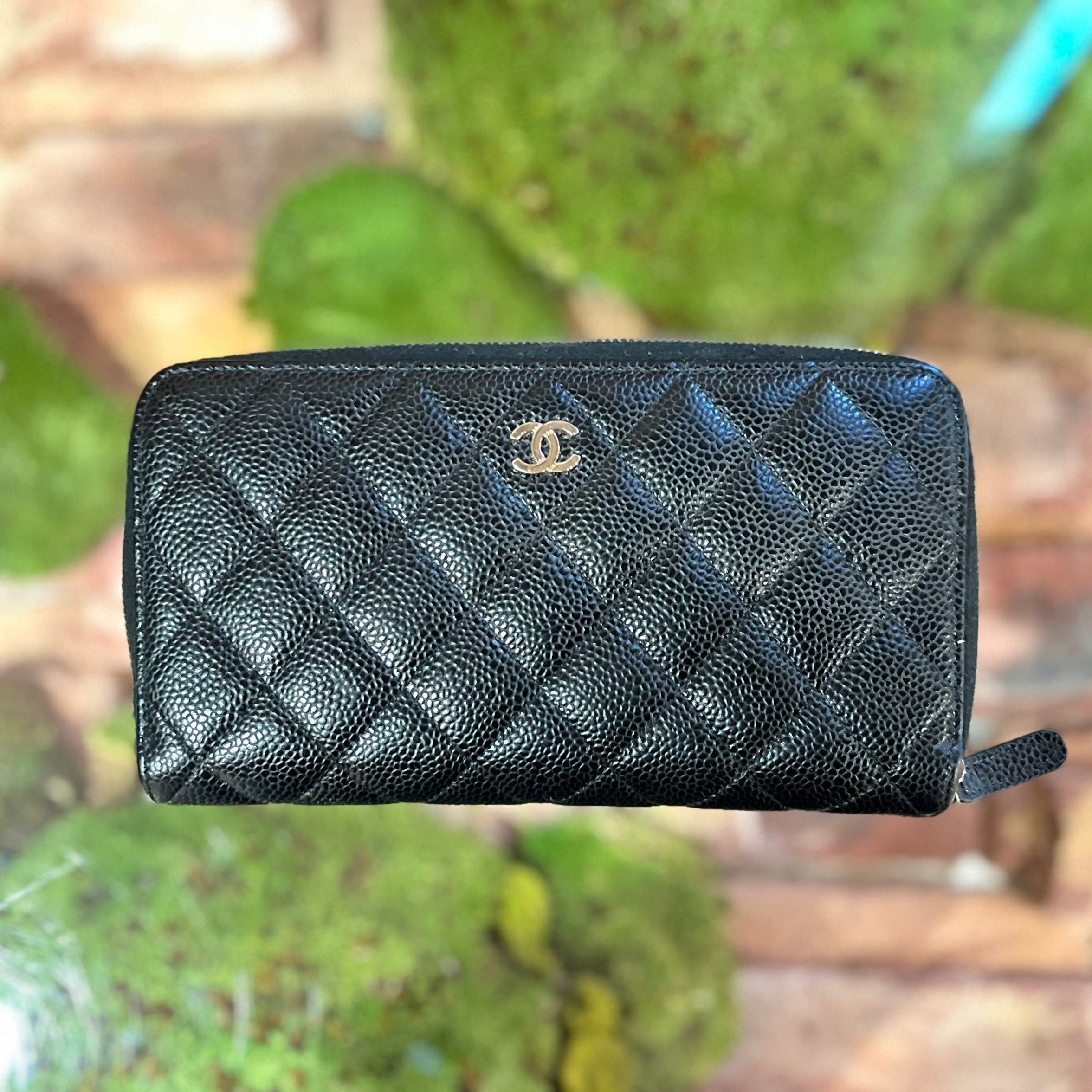 CHANEL Black Quilted Caviar Zip Around Wallet