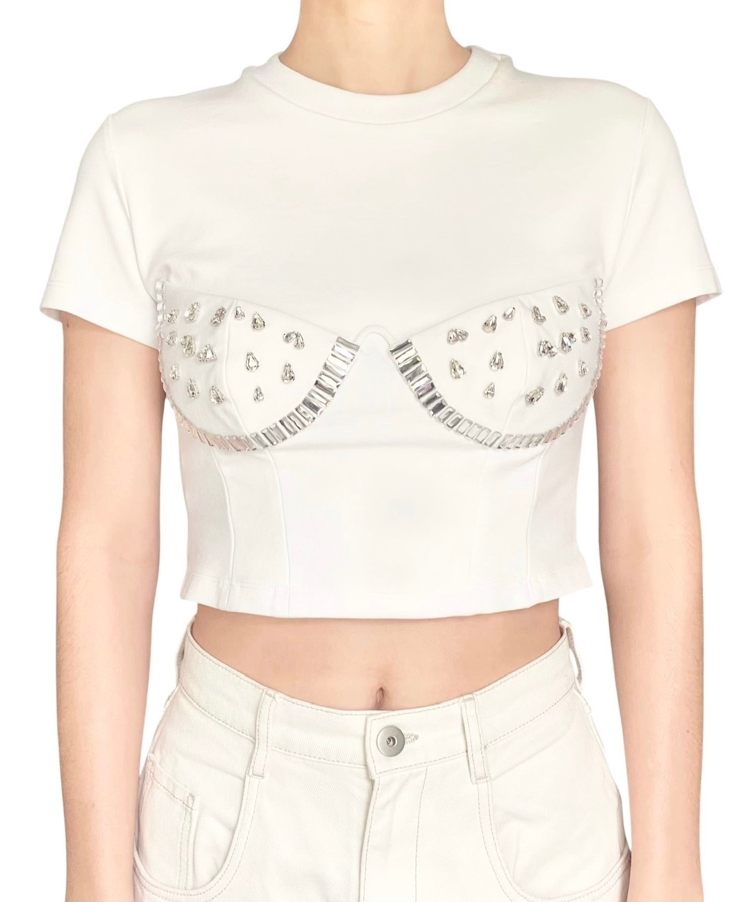 Area White Crystal Cup Embellished Jersey Crop Top - M / US 4-6