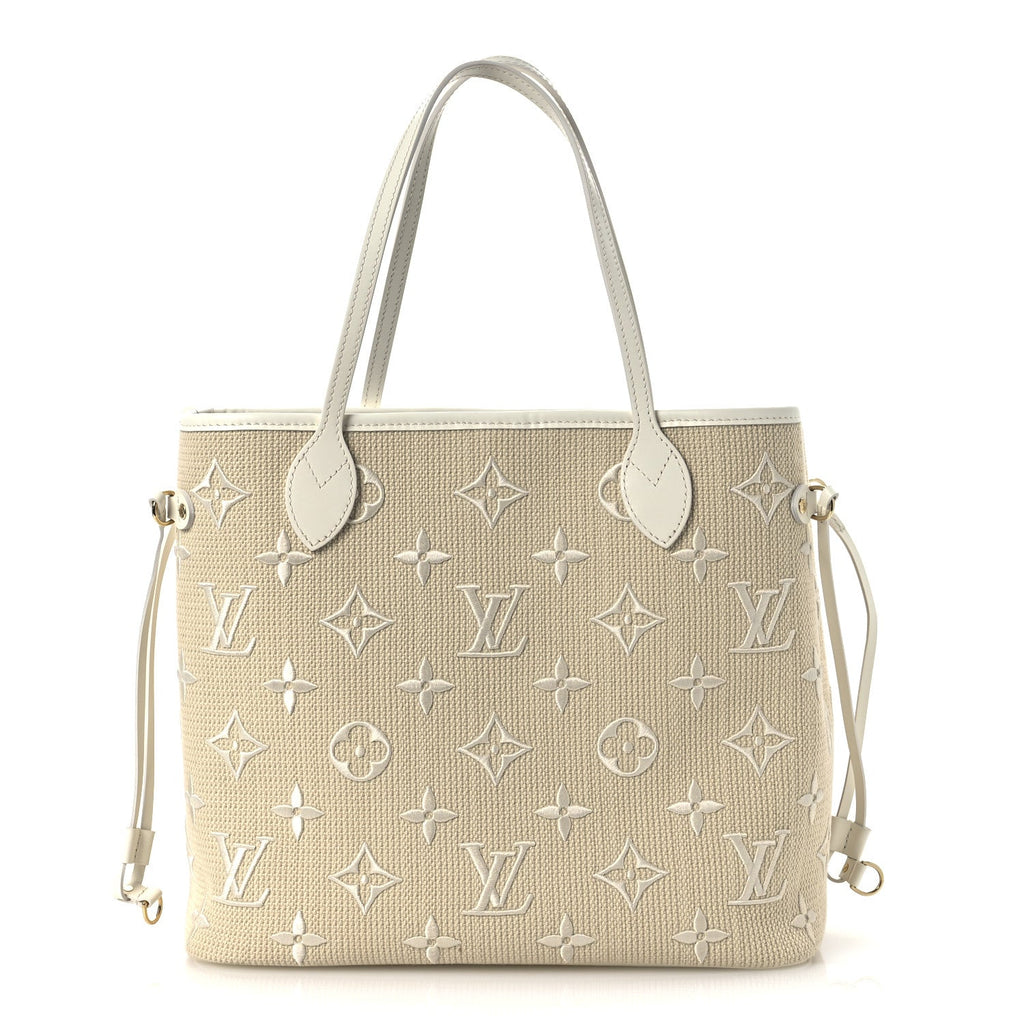 Cotton Monogram Embroidered Neverfull MM Beige White