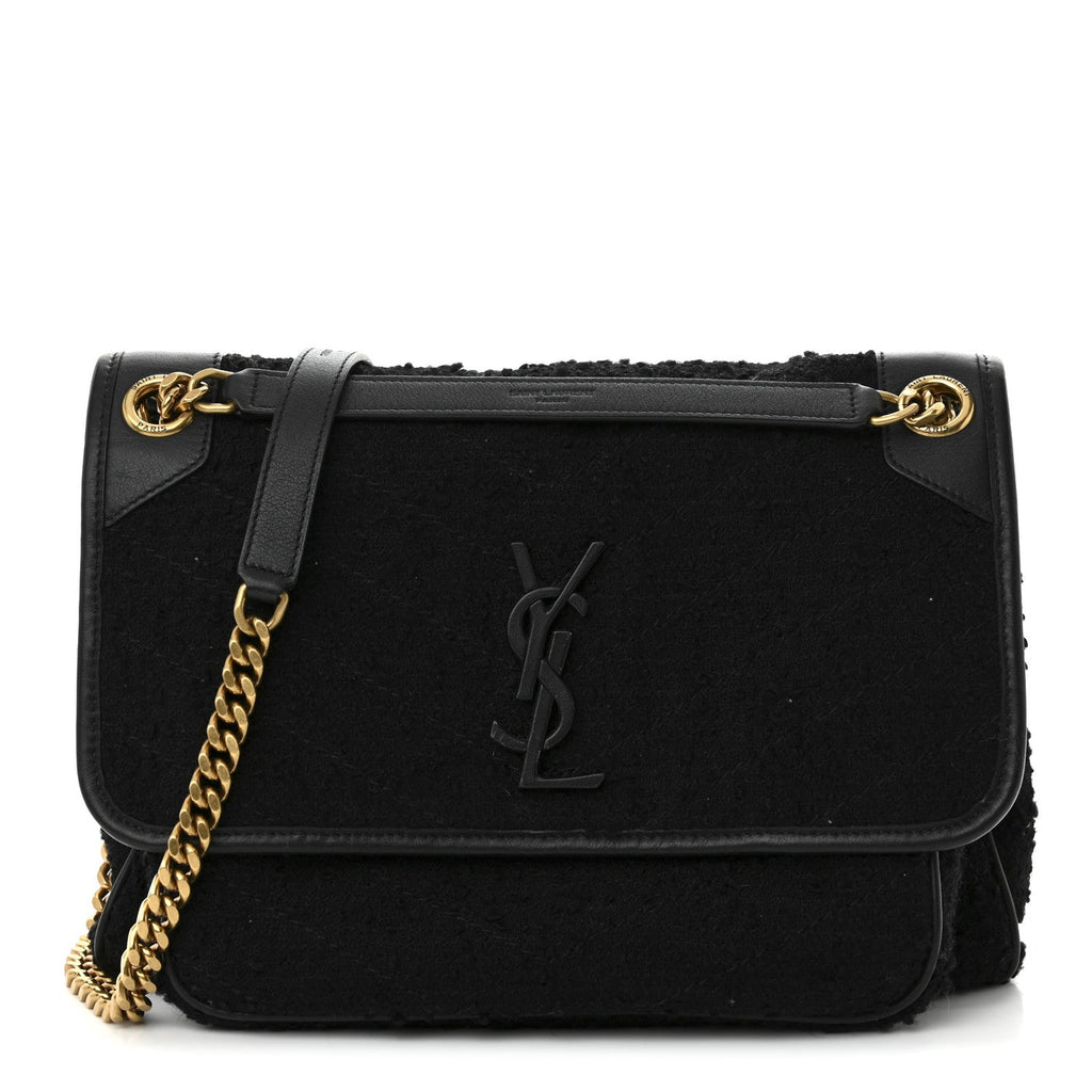 Boucle Tweed Monogram Medium Niki Chain Satchel Black