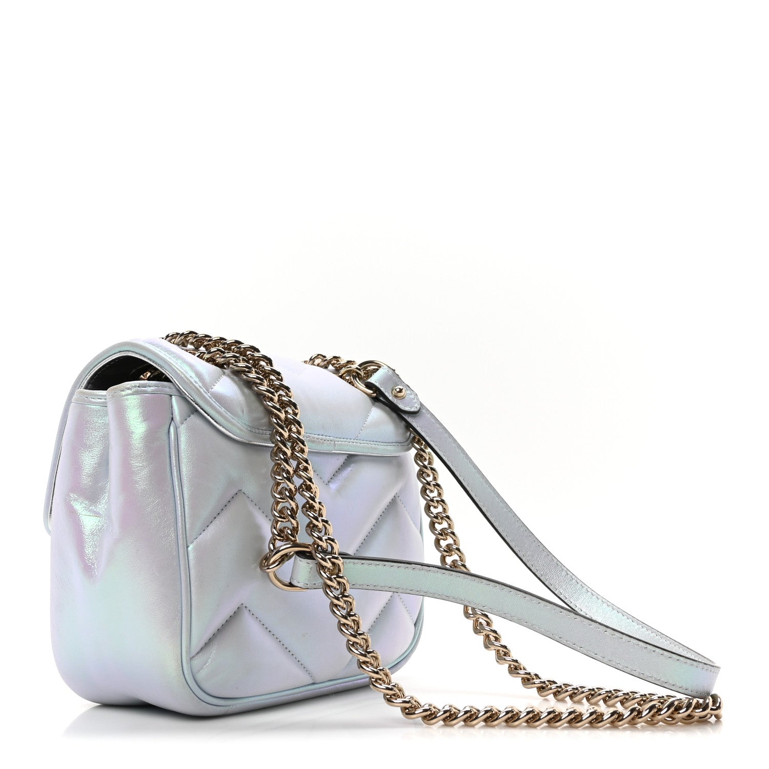 Iridescent Nappa Chevron Matelasse Mini GG Marmont Shoulder Bag Iridescent Snow Light Blue