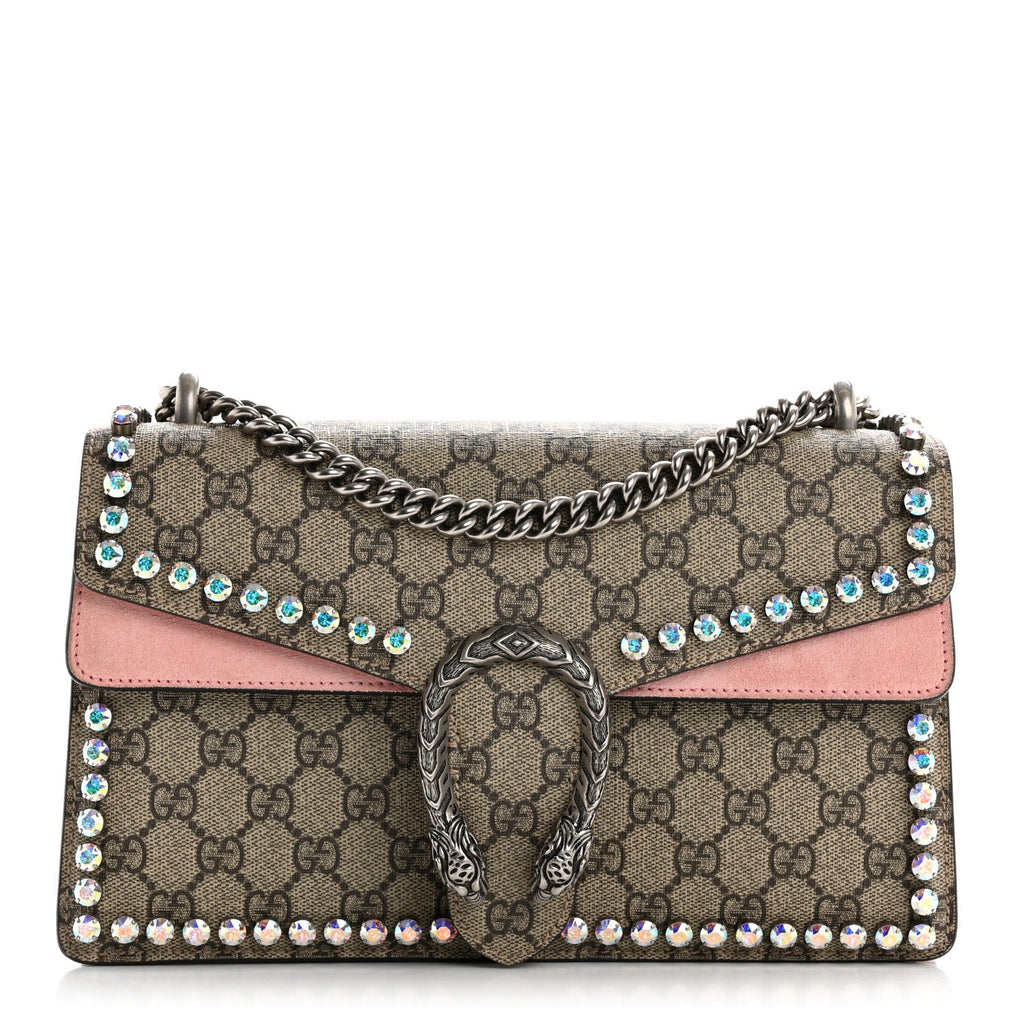GG Supreme Monogram Suede Crystal Small Dionysus Shoulder Bag Beige Ebony Light Peonia