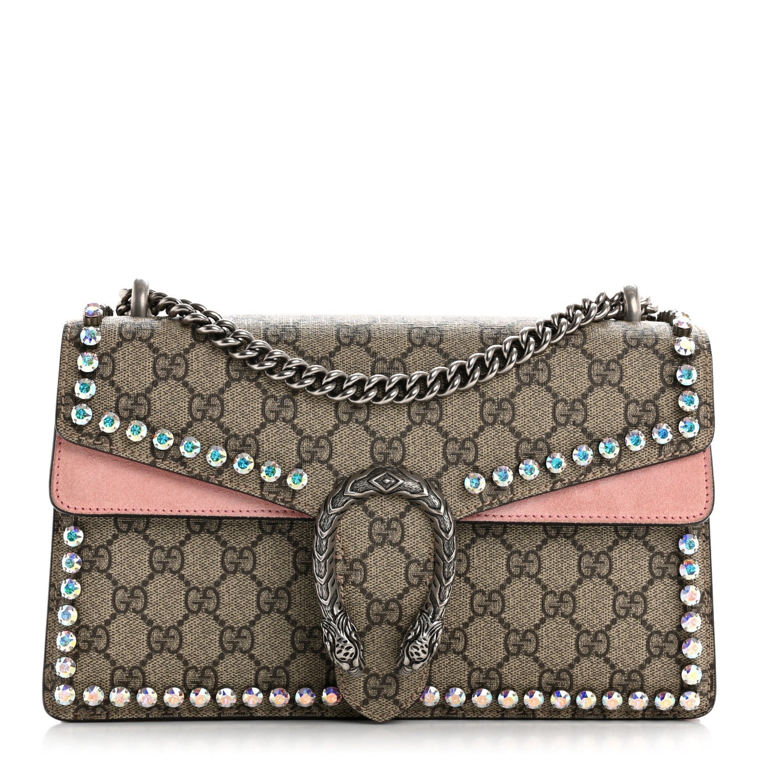 GG Supreme Monogram Suede Crystal Small Dionysus Shoulder Bag Beige Ebony Light Peonia