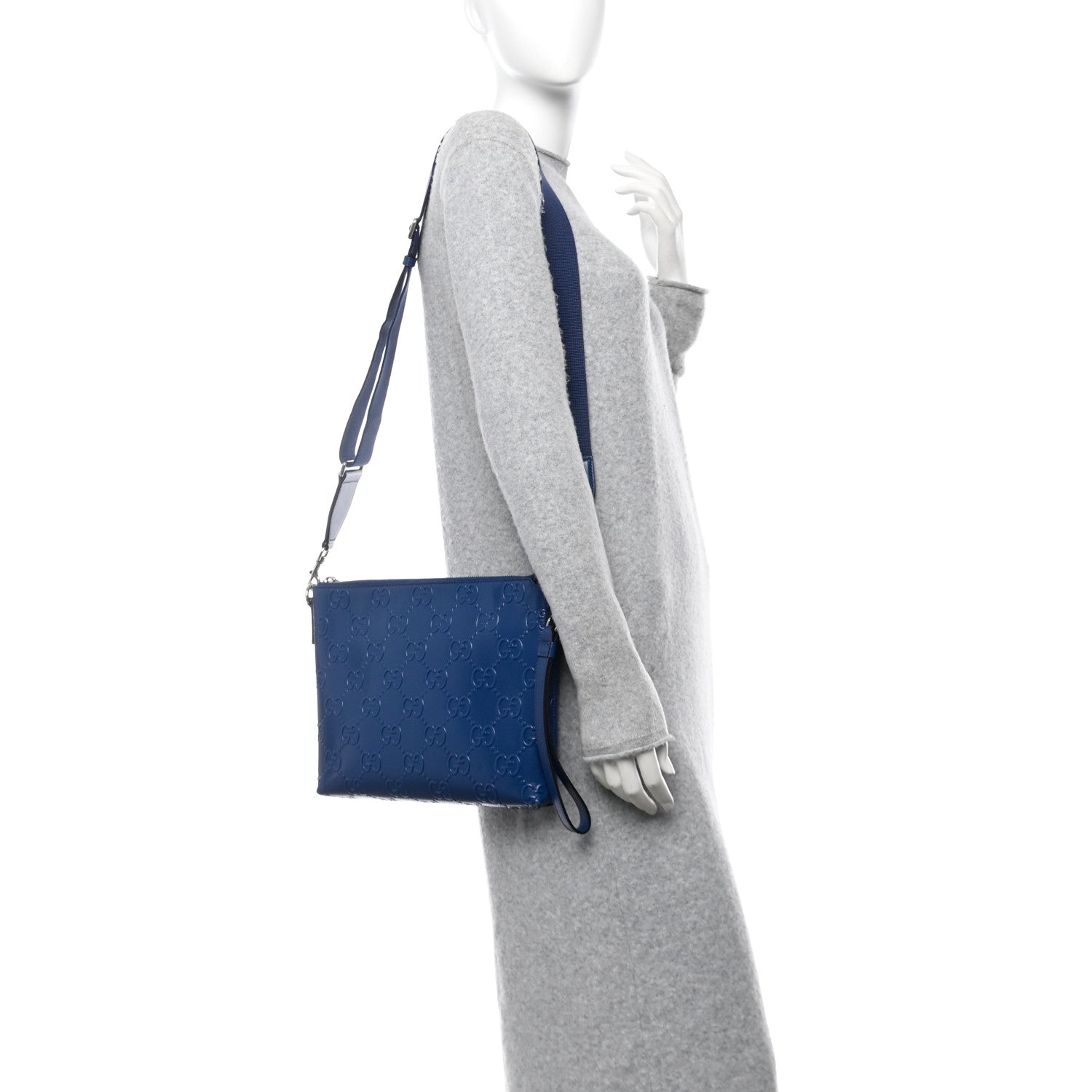 Calfskin GG Tennis Embossed Medium Wristlet Messenger Bag Intense Metal Blue