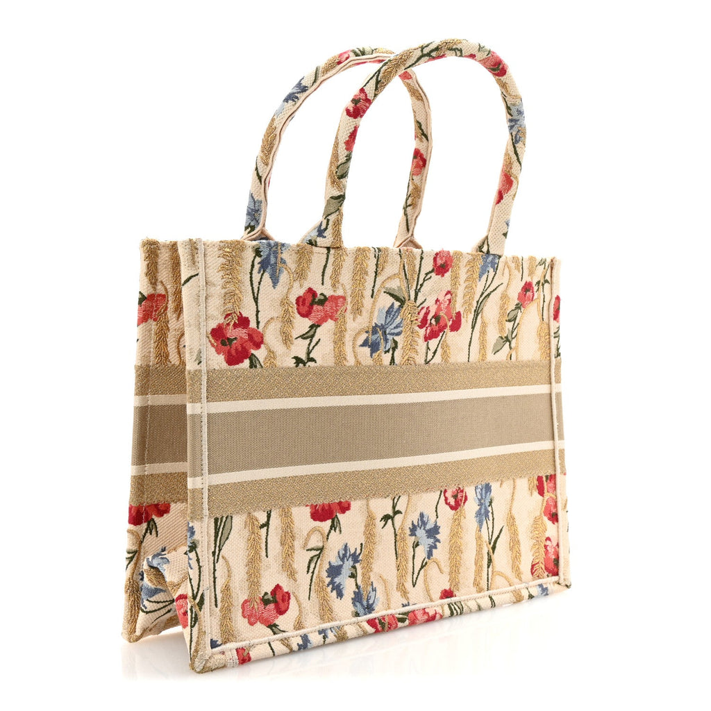 Canvas Embroidered Medium Hibiscus Book Tote Beige Multicolor