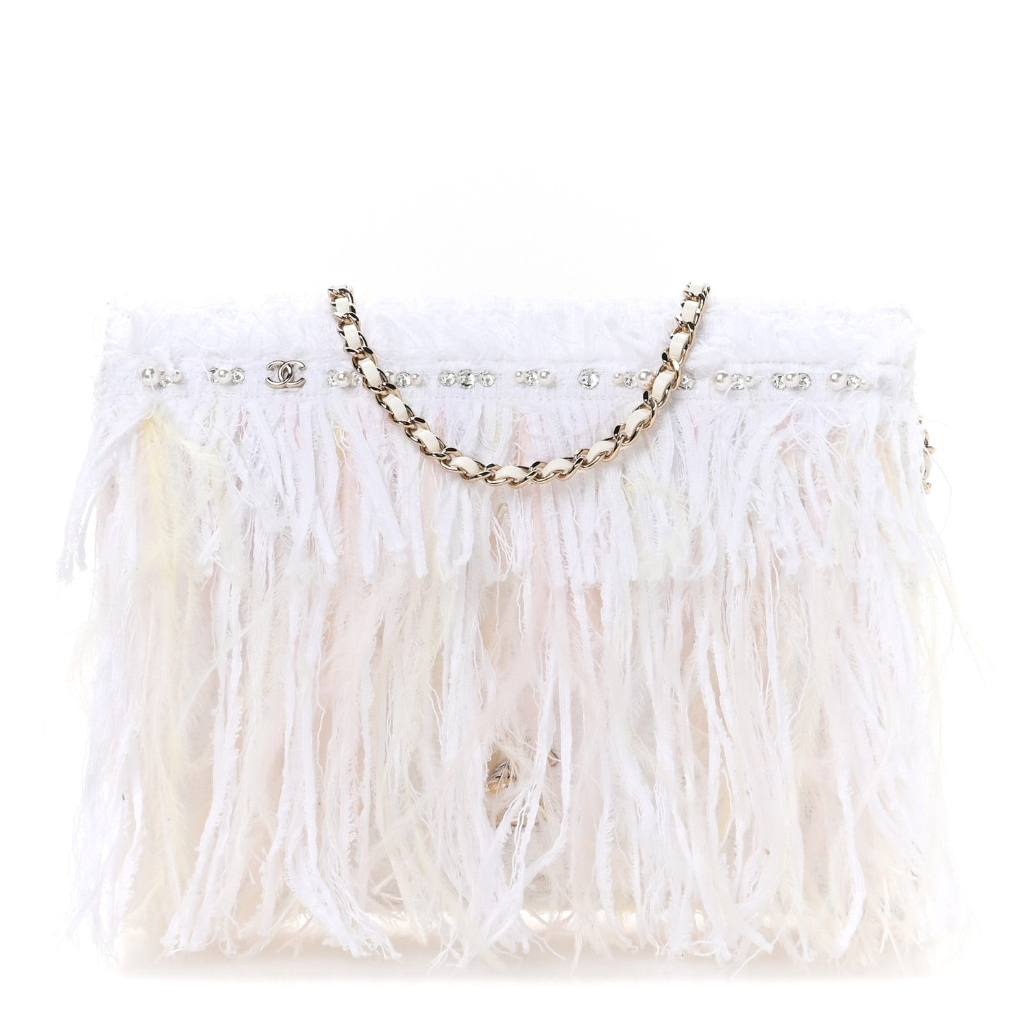 Tweed Embroidered Feathers Pearl Crystal Clutch White