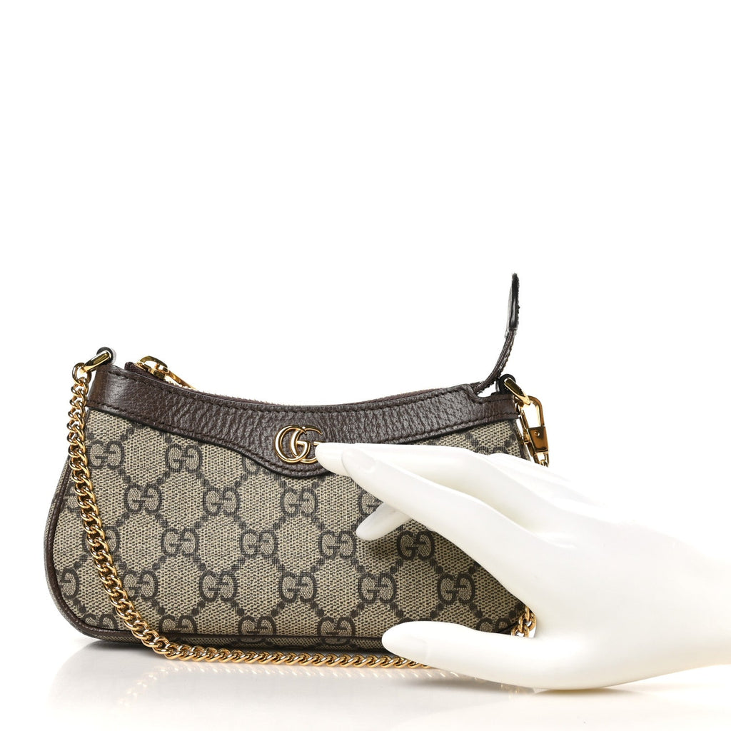 GG Supreme Monogram Textured Dollar Calfskin Mini Ophidia Chain Bag Beige Ebony