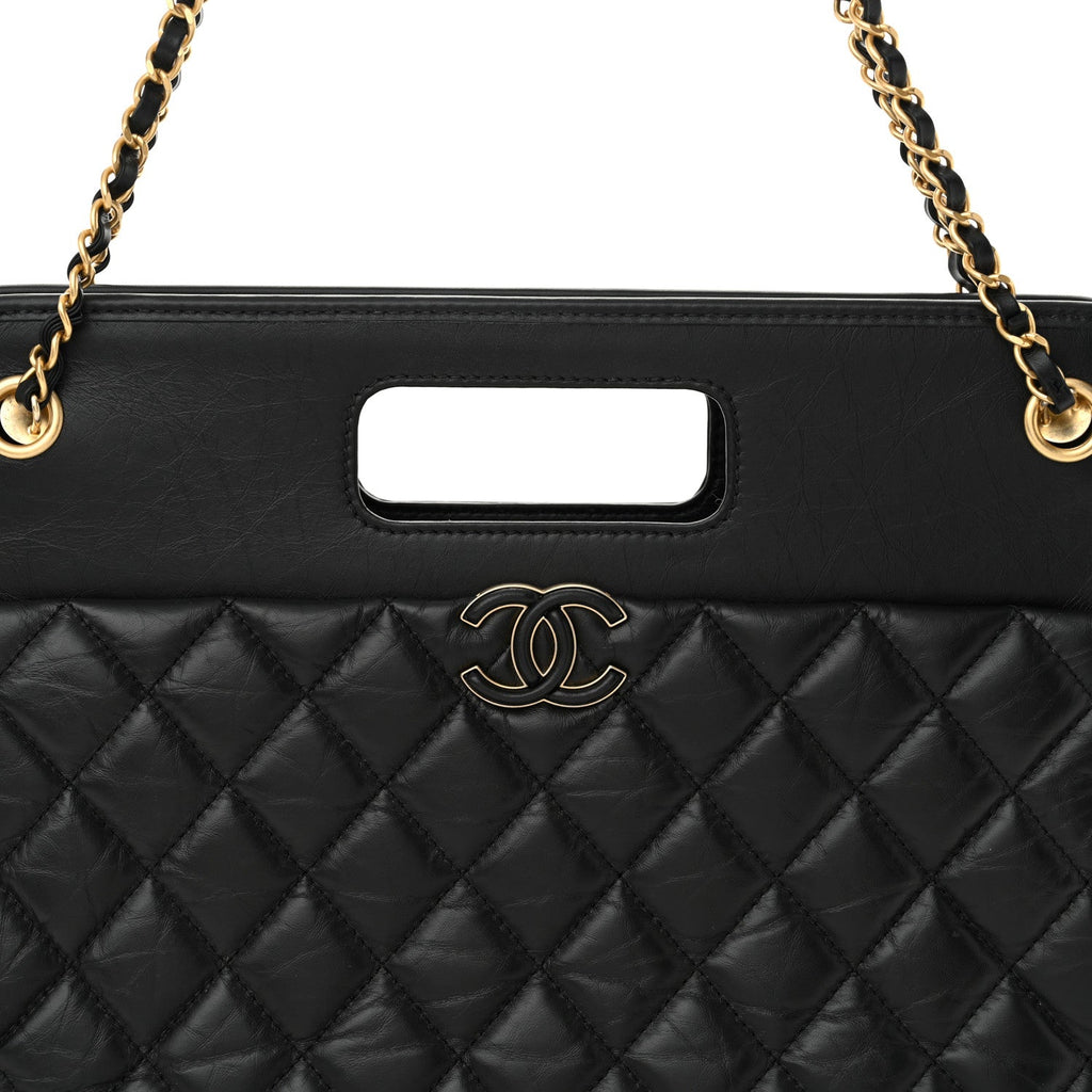 Aged Calfskin Quilted Graphic Catch Shopping Bag Black
