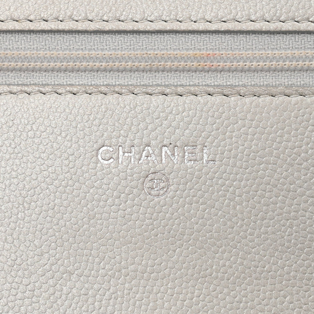 Metallic Caviar Quilted Boy Wallet On Chain WOC Silver