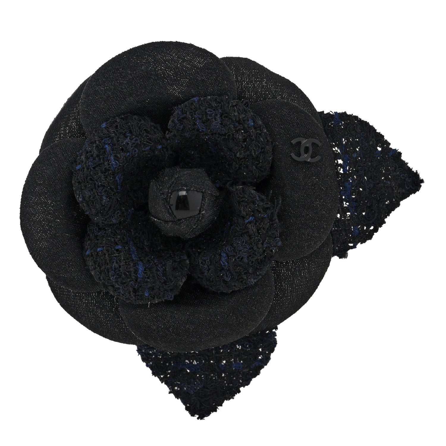 Tweed Fabric Camellia Pin Brooch Black