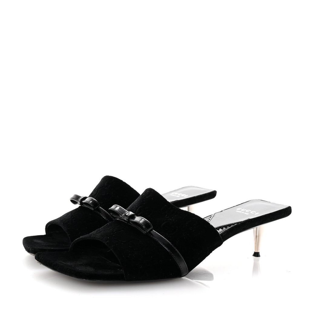 New Velvet Ashmir Regent Calfskin GG Monogram Square Toe Bow 45mm Slide Sandals 39.5 Black