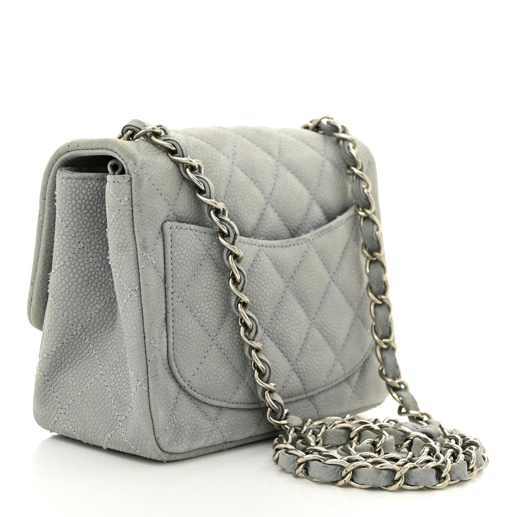 Iridescent Caviar Quilted Mini Square Flap Grey