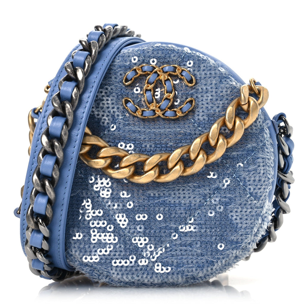 Sequin Chanel 19 Round Clutch With Chain Light Blue