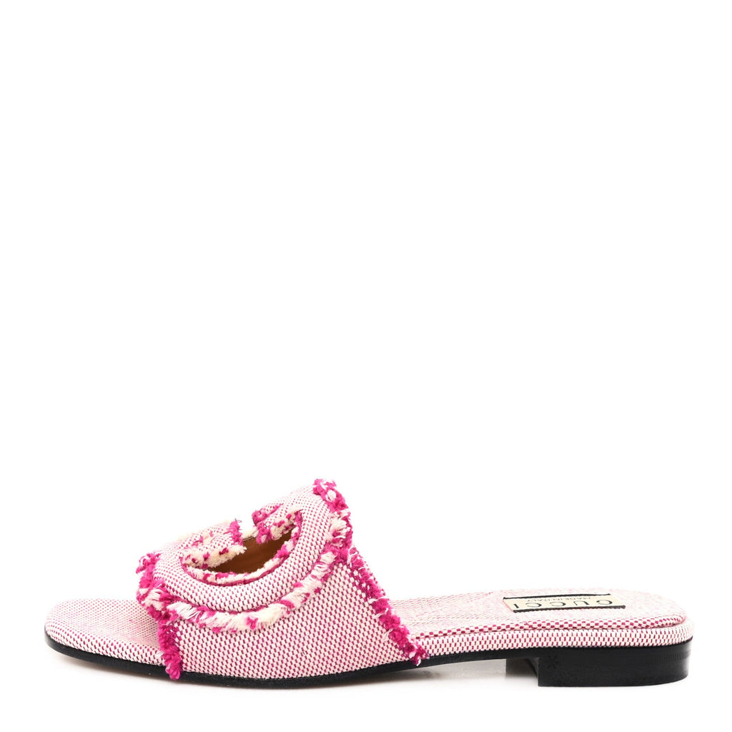Fringed Canvas Interlocking G Cut Out Slide Sandals 37 Princess Fuxia Natural