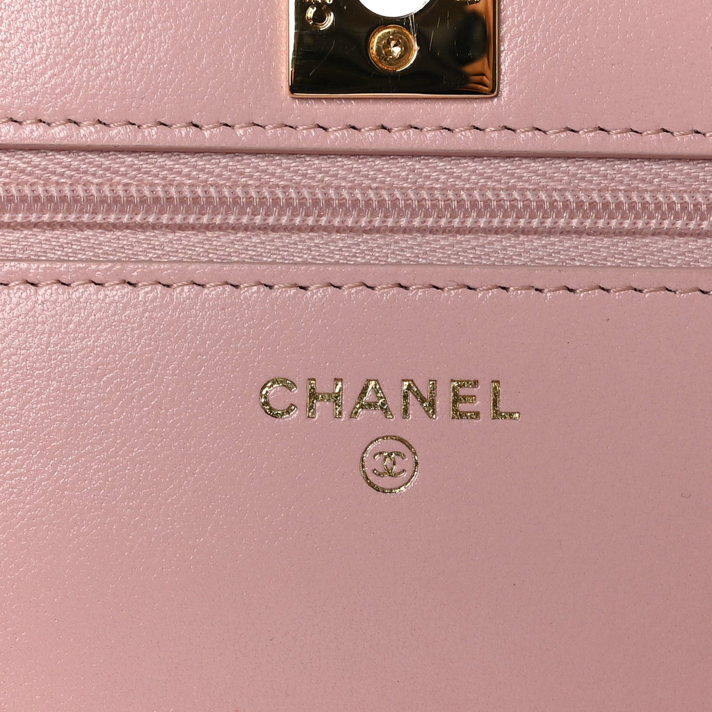 Shiny Lambskin Quilted Golden Links Wallet On Chain WOC Light Pink