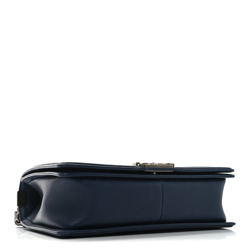 Calfskin Double Stitch New Medium Boy Flap Navy Blue