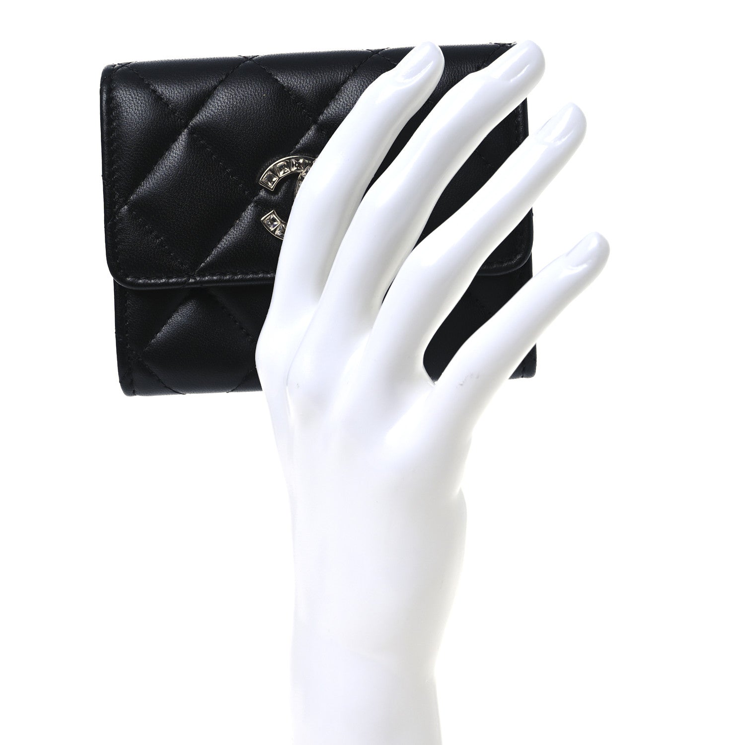 Lambskin Quilted Flap Baguette Crystal  Holder Wallet Black