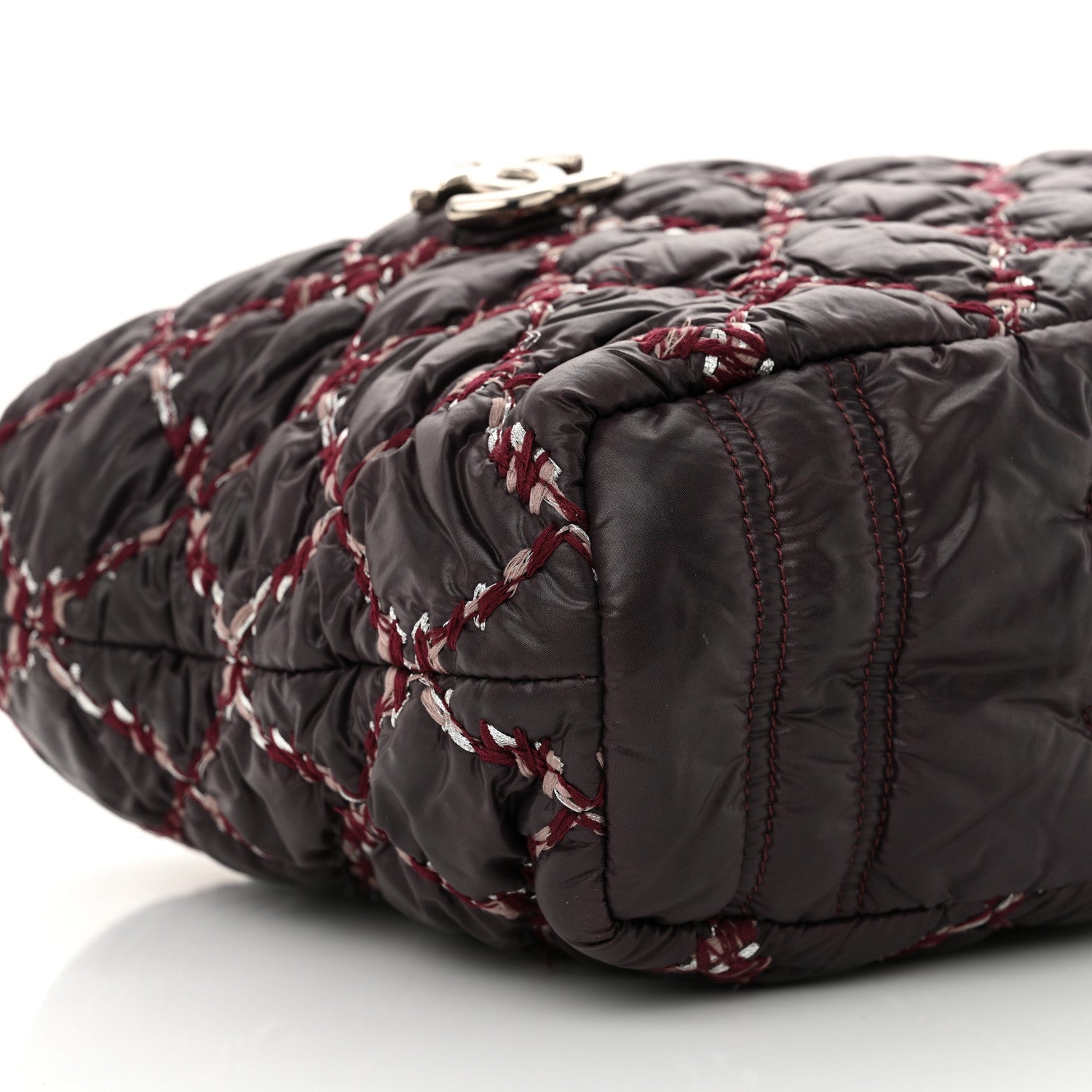 Nylon Quilted Tweed Stitch Bubble Tote Plum