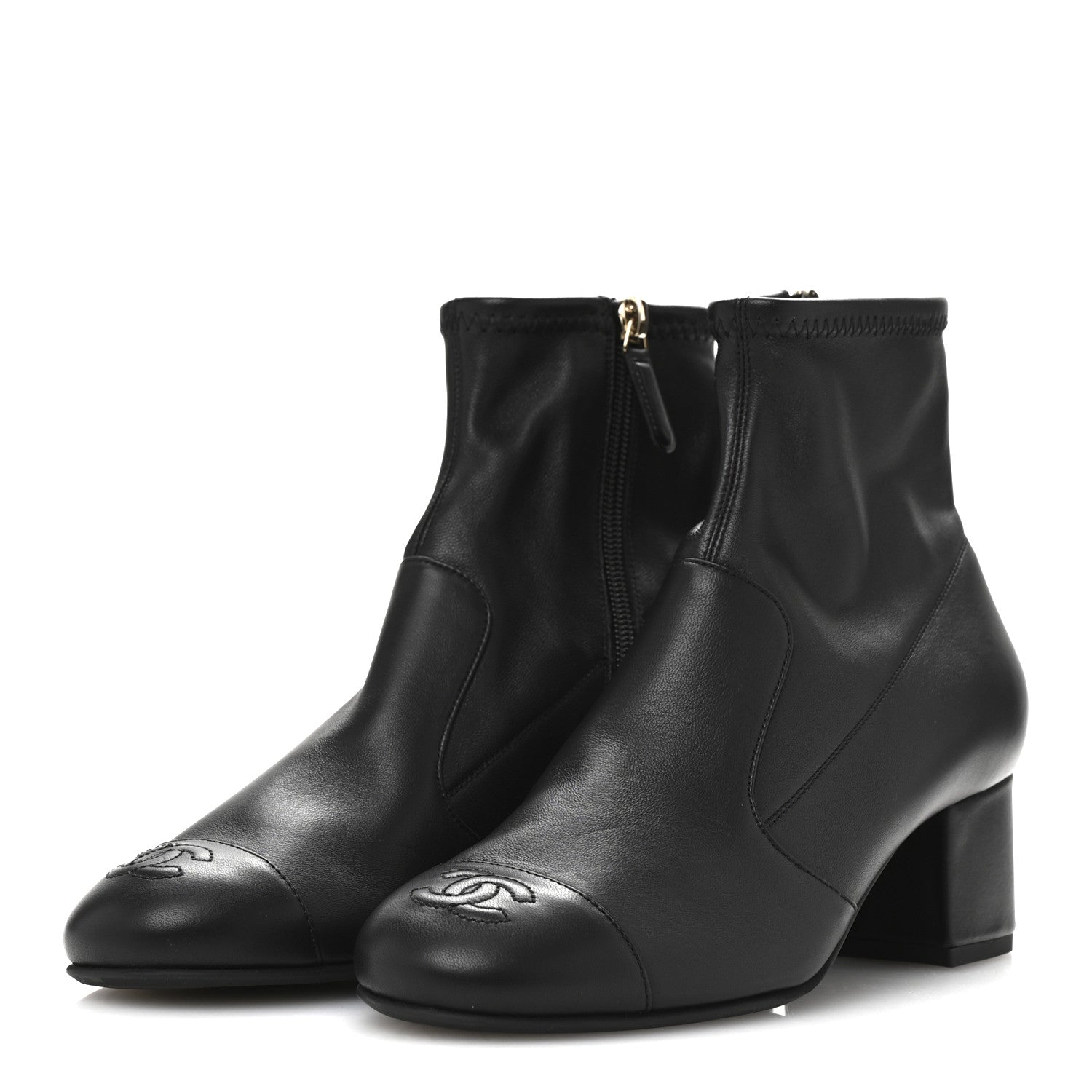 Stretch Lambskin Cap Toe CC Uniform Short Boots 37.5 Black