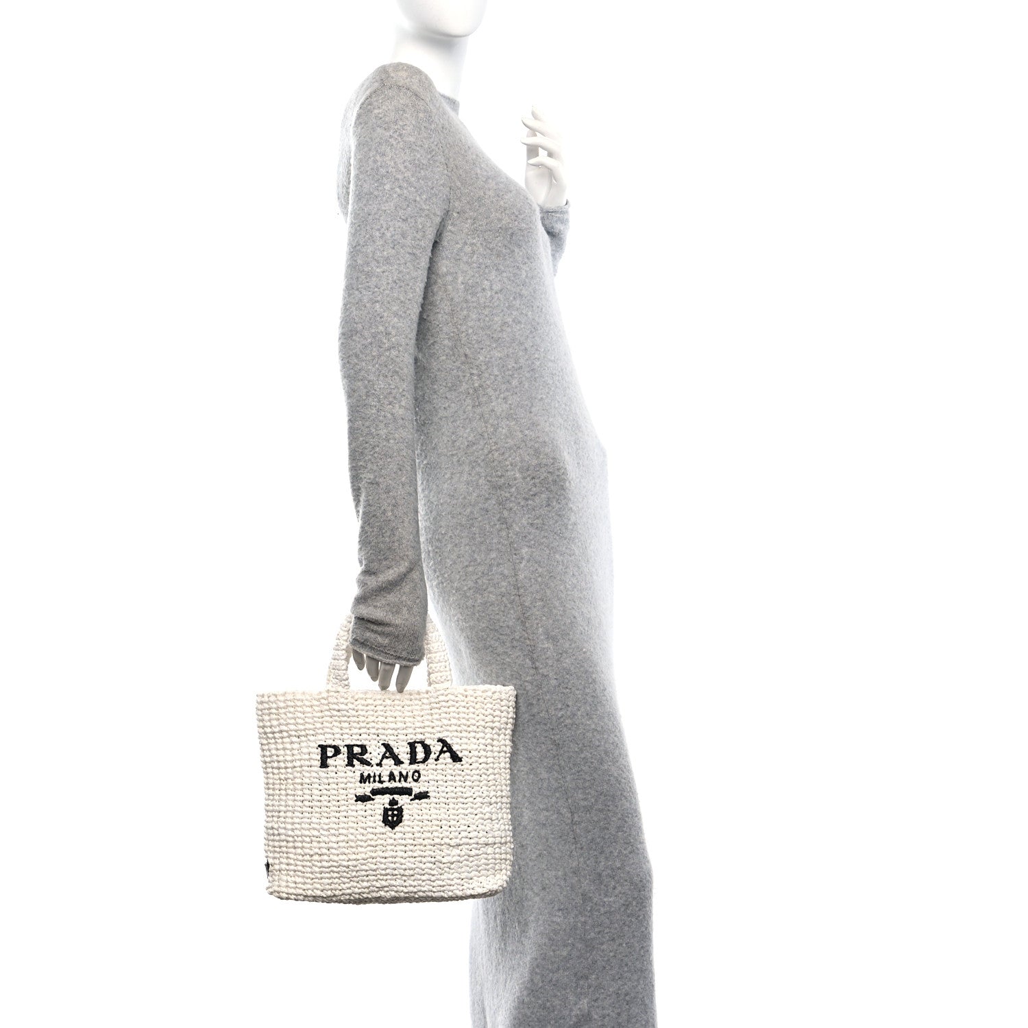 Yarn Raffia Effect Crochet Embroidered Small Logo Tote White